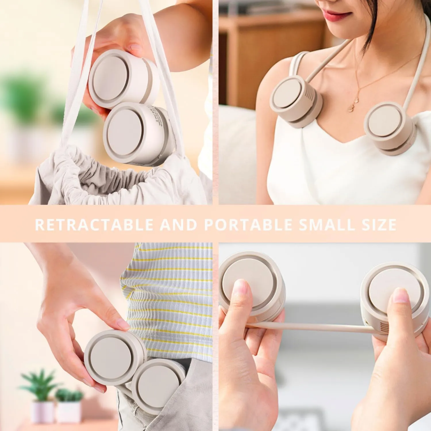 Neck Fan, Portable Bladeless Neck Fans, 4000mAh Foldable Rechargeable Bladeless Fan, 3 Speeds & Enhanced Cooling Power, Hands-Free USB Personal Fan for Men, Women, Outdoor, Travel, Ideal Gift(Apricot)