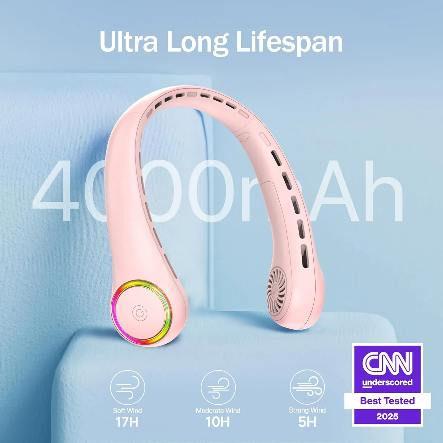 Neck fan, Portable Fan with 5-17H Lifespan, 4000mAh Neck fan air conditioner with 3 Adjustable Speeds and 64 Cool Lights, Nice Rechargeable Fan, Hands-Free Cooling fan for Summer (Pink)