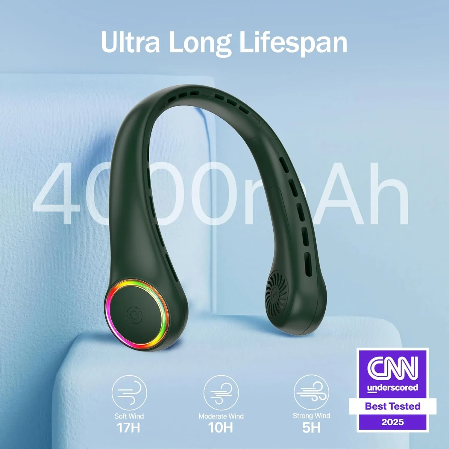 Neck fan, Portable Fan with 5-17H Lifespan, 4000mAh Neck fan air conditioner with 3 Adjustable Speeds and 64 Cool Lights, Rechargeable Neck Fan, Hands-Free Cooling fan for Summer (Dark Green)