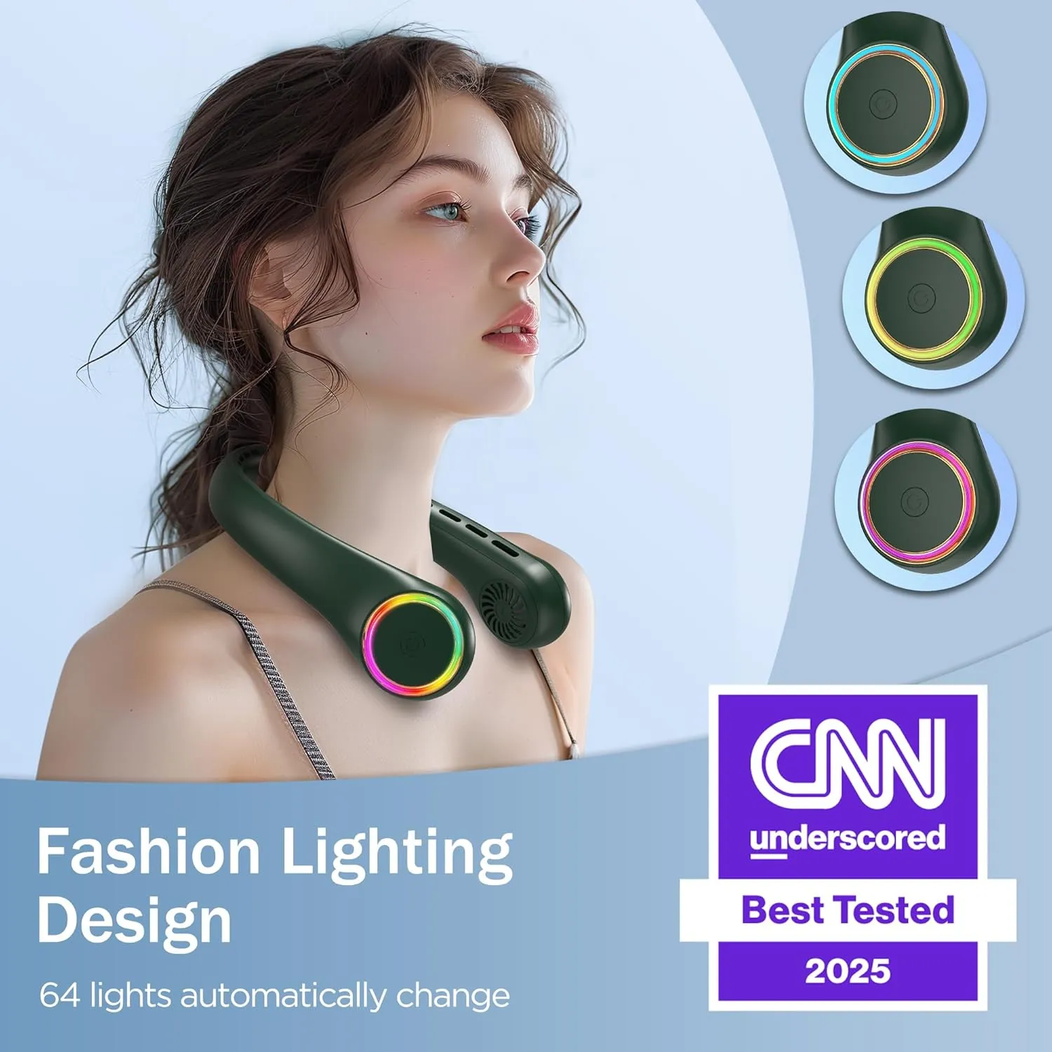 Neck fan, Portable Fan with 5-17H Lifespan, 4000mAh Neck fan air conditioner with 3 Adjustable Speeds and 64 Cool Lights, Rechargeable Neck Fan, Hands-Free Cooling fan for Summer (Dark Green)
