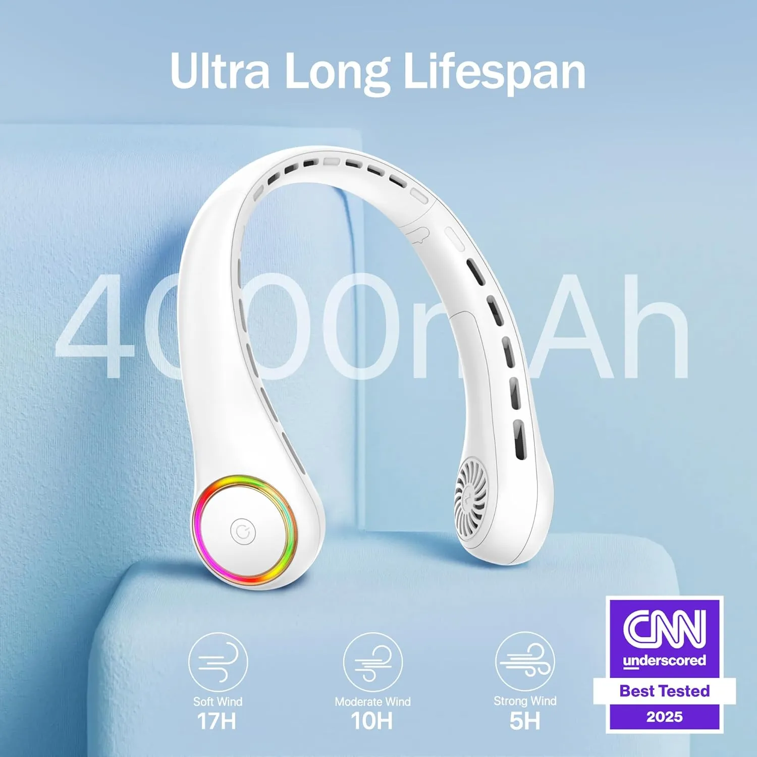 Neck fan, Portable Fan with 5-17H Lifespan, 4000mAh Neck fan air conditioner with 3 Adjustable Speeds and 64 Cool Lights, Rechargeable Neck Fan, Hands-Free Cooling fan for Summer (White)