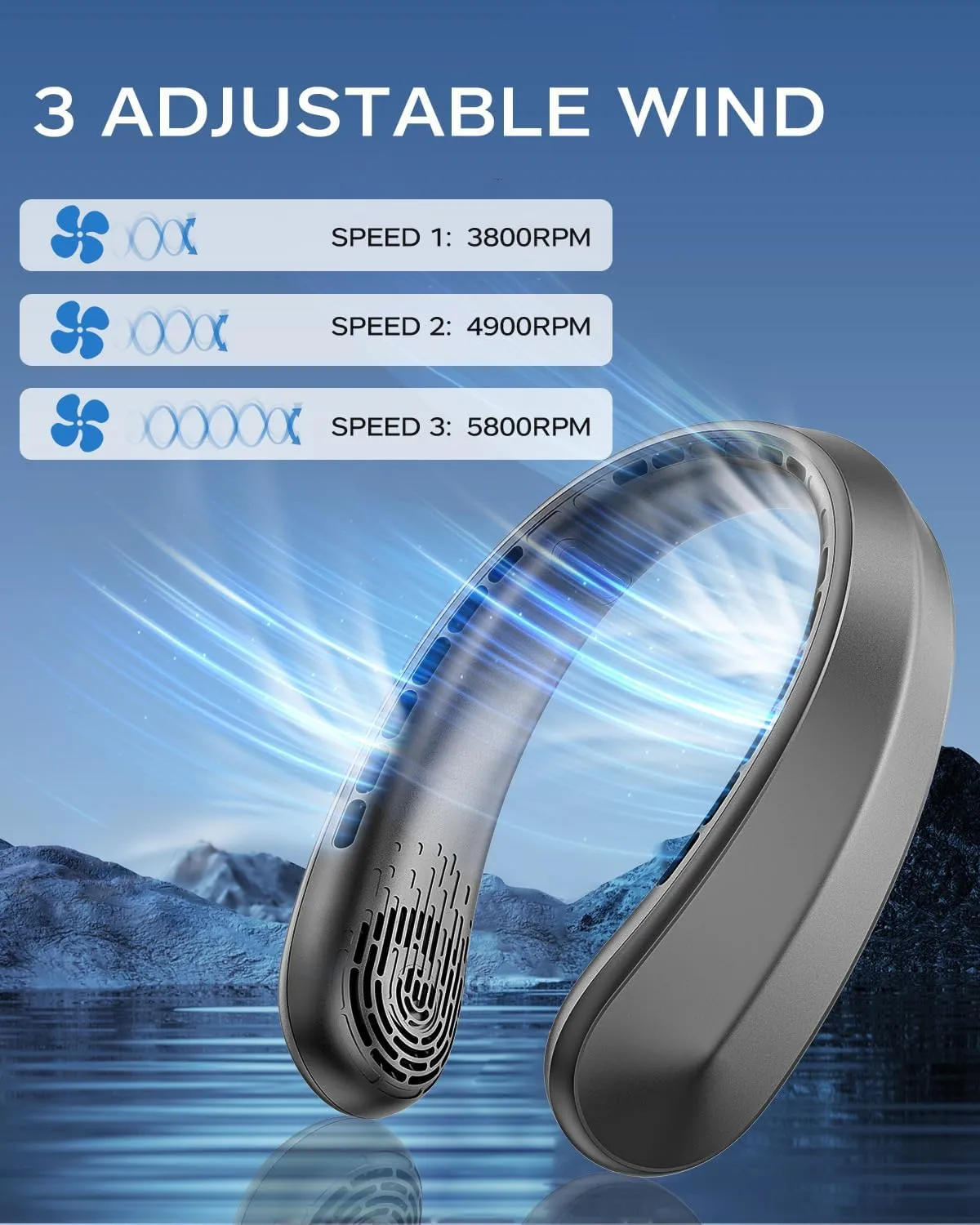 Neck Fan, Portable Neck Fan, 5200 mAh Battery Operated Wearable Personal Fan with USB Rechargeable, 3 Wind Speed, Fast Cooling, Ultra Quiet, Bladeless, Headphone Design for Travel, Men Women