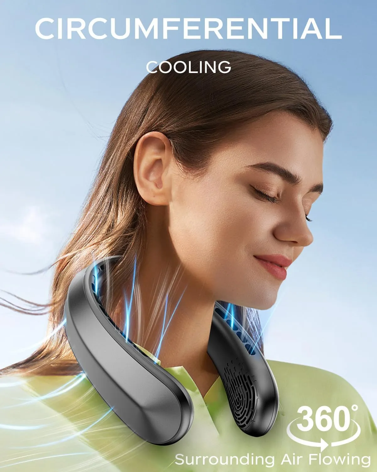 Neck Fan, Portable Neck Fan, 5200 mAh Battery Operated Wearable Personal Fan with USB Rechargeable, 3 Wind Speed, Fast Cooling, Ultra Quiet, Bladeless, Headphone Design for Travel, Men Women