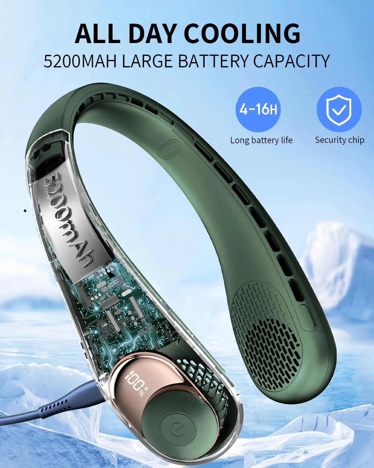 Neck Fan, Portable Neck Fan, Battery Powered Personal Fan, Hands Free Bladeless Fan with 3 Wind Speed, Digital LCD Screen, 4000mAh 16H Cooling Time