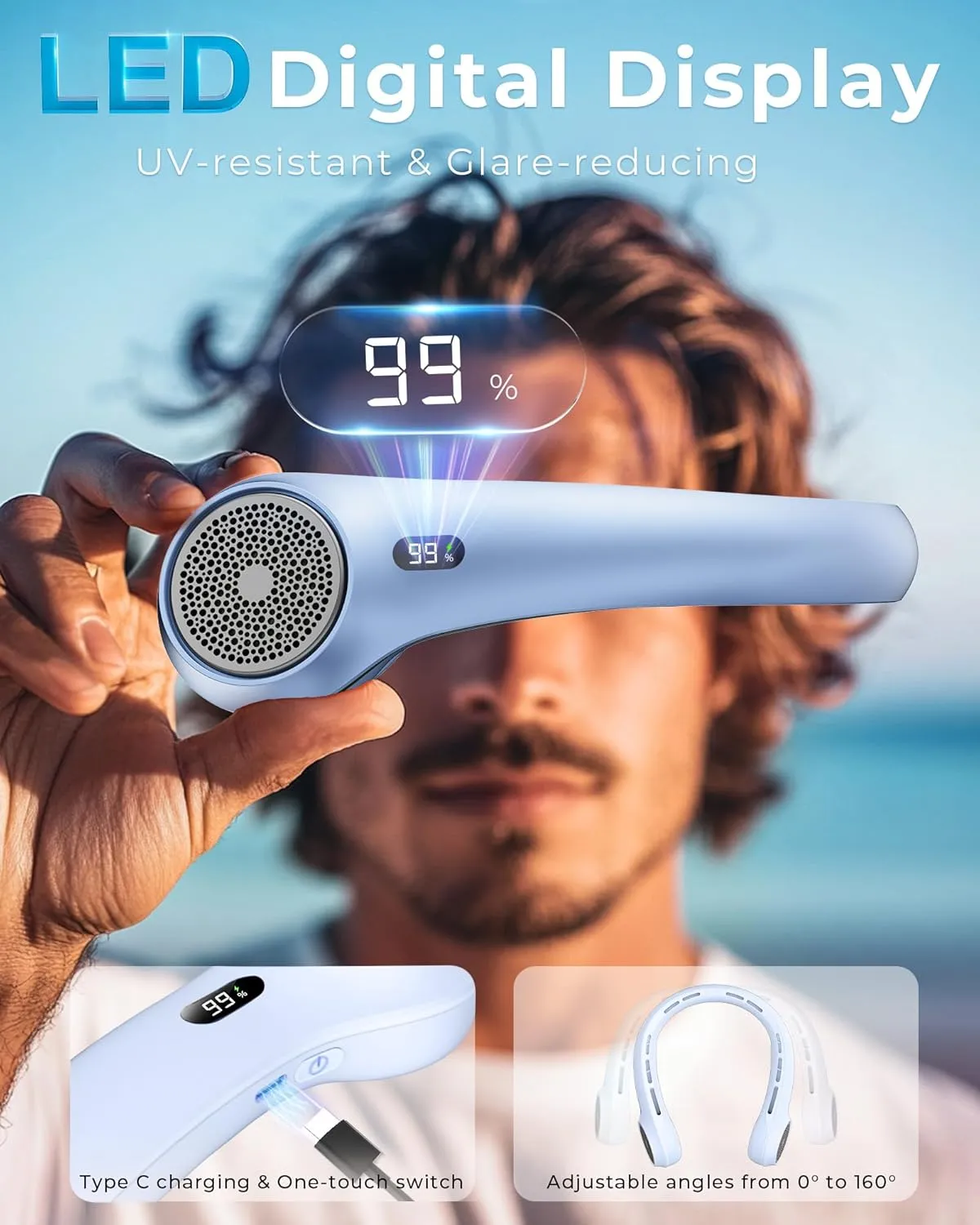 Neck Fan, Portable Neck Fan with LED Display, 360 Cooling, 3-Speed Adjustment & Whisper-Quiet Operation, Twistable, Rechargeable, Gift for Women Men,Travel Essential,Blue Breeze