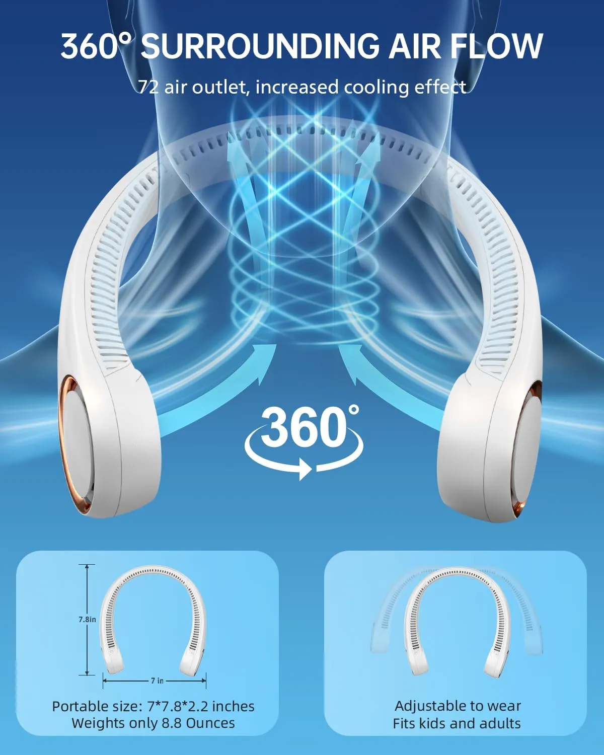 Neck Fan Rechargeable, 4000mAh Portable Fans for Women Men, 360 Cooling Airflow, Bladeless, 3 Speeds, Stylish Personal Cooler for Travel, Gym, Office, White