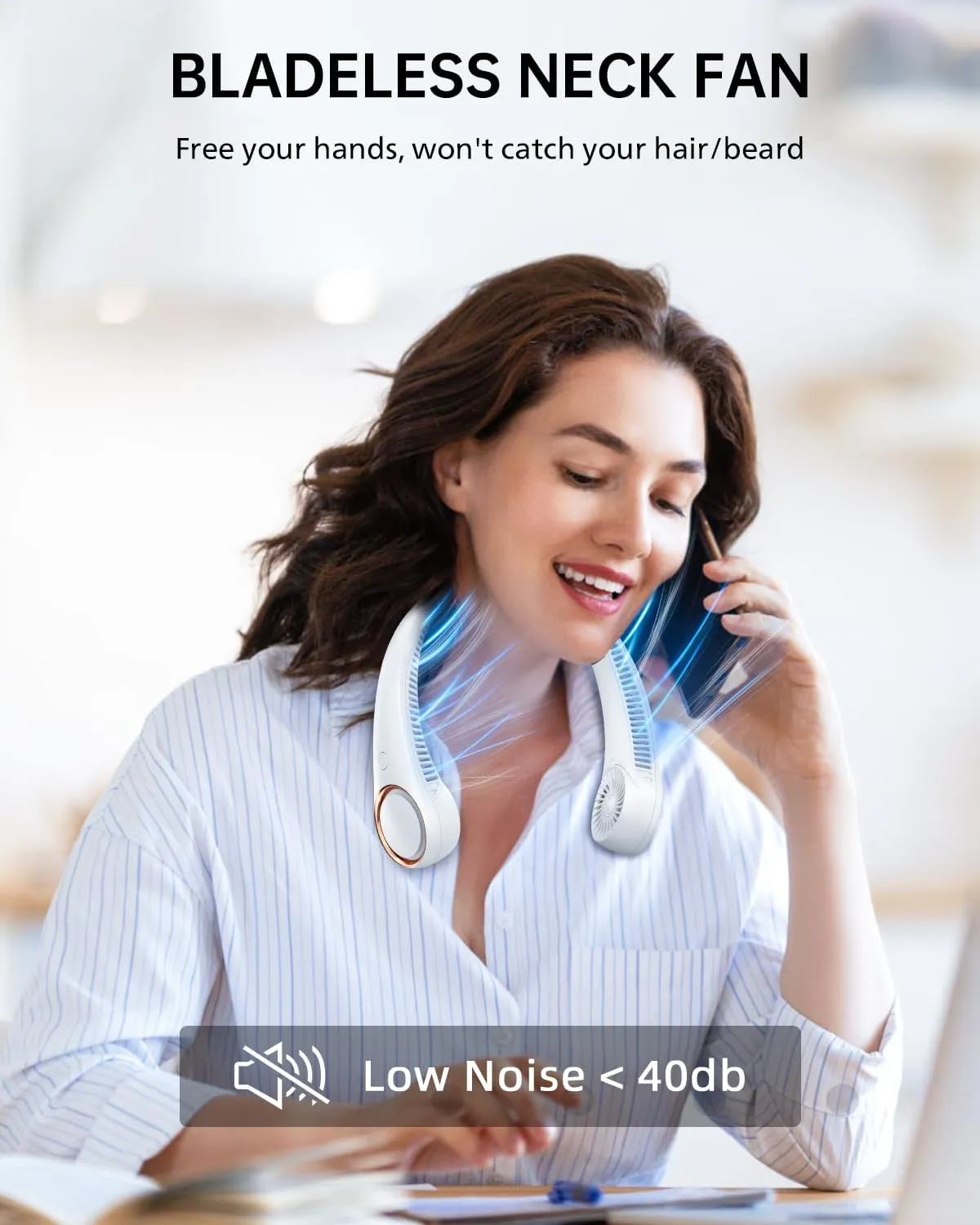 Neck Fan Rechargeable, 4000mAh Portable Fans for Women Men, 360 Cooling Airflow, Bladeless, 3 Speeds, Stylish Personal Cooler for Travel, Gym, Office, White