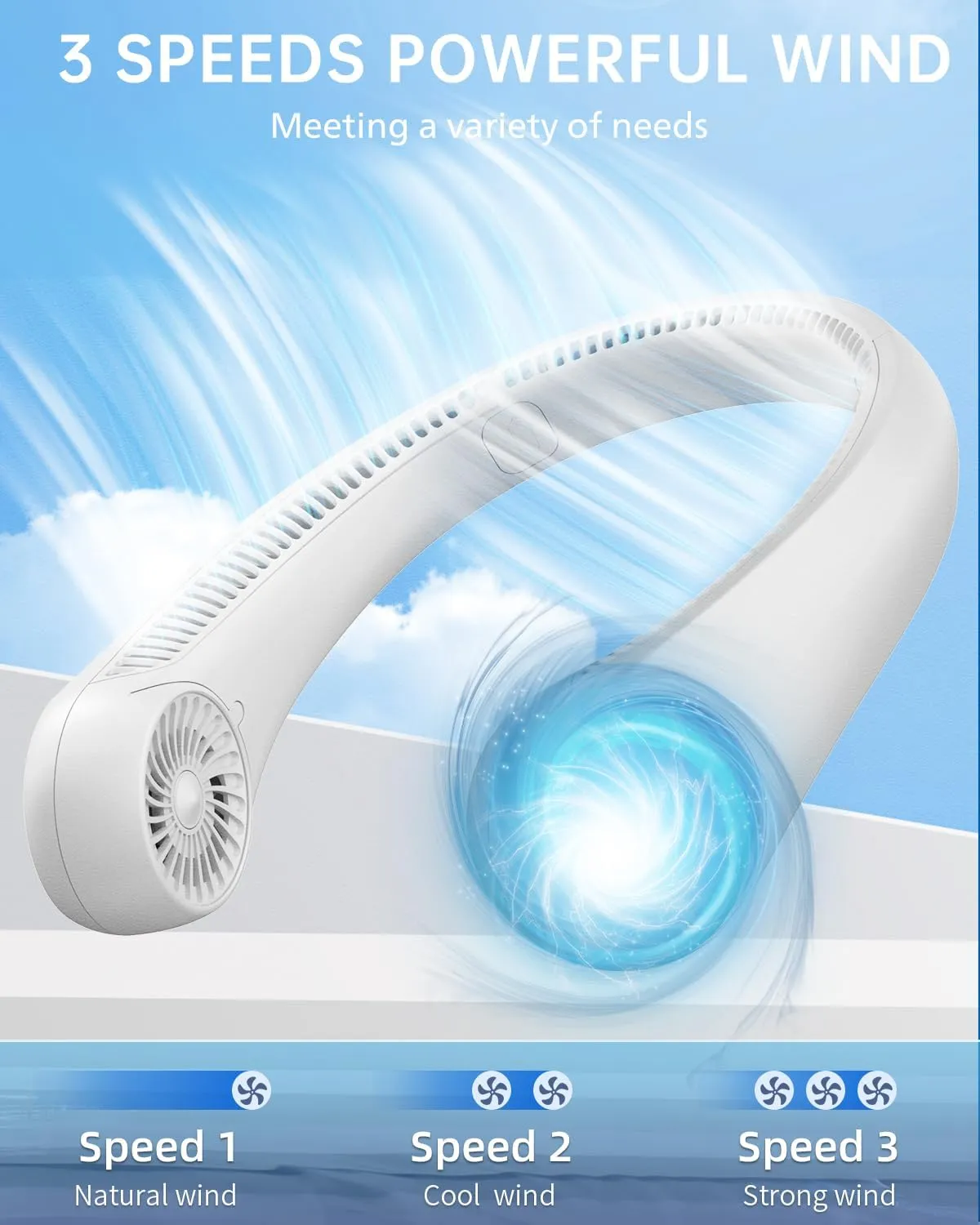 Neck Fan Rechargeable, 4000mAh Portable Fans for Women Men, 360 Cooling Airflow, Bladeless, 3 Speeds, Stylish Personal Cooler for Travel, Gym, Office, White
