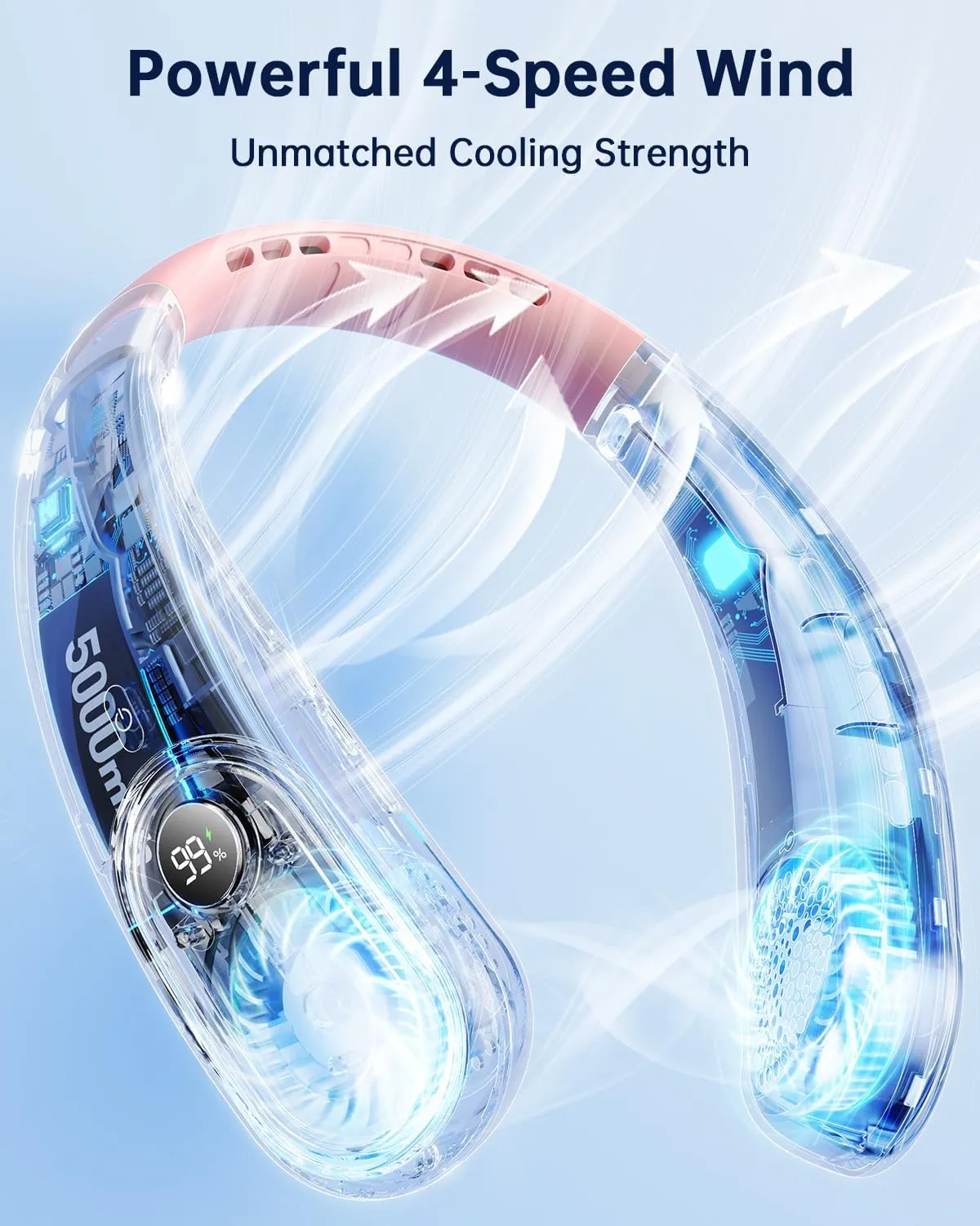 Neck Fan Rechargeable - 5000mAh Portable Neck Fan with Digital Display, 4 Speeds 75% Stronger Cooling, Hands-Free Personal Fan for Women/Men/Kids, Type-C Fast Charge, Gift-Ready Packaging