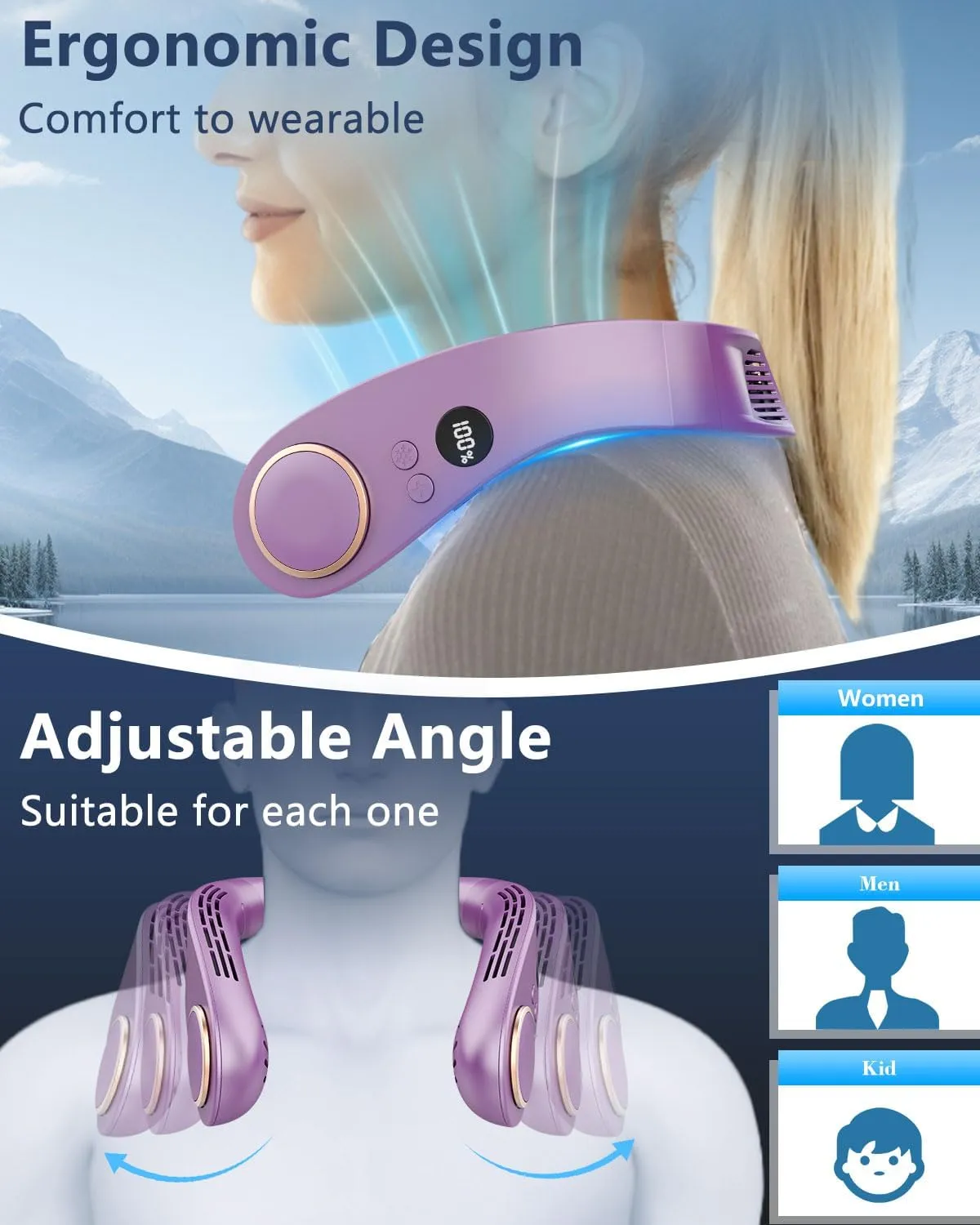 Neck Fan Rechargeable,Personal Fan Around Neck Air Conditioner with Cooling Plate,Powerful Soundless Hands Free AC Cooler,Small Cold Face Necklace Devices for Father's Day Birthday Gifts Purple