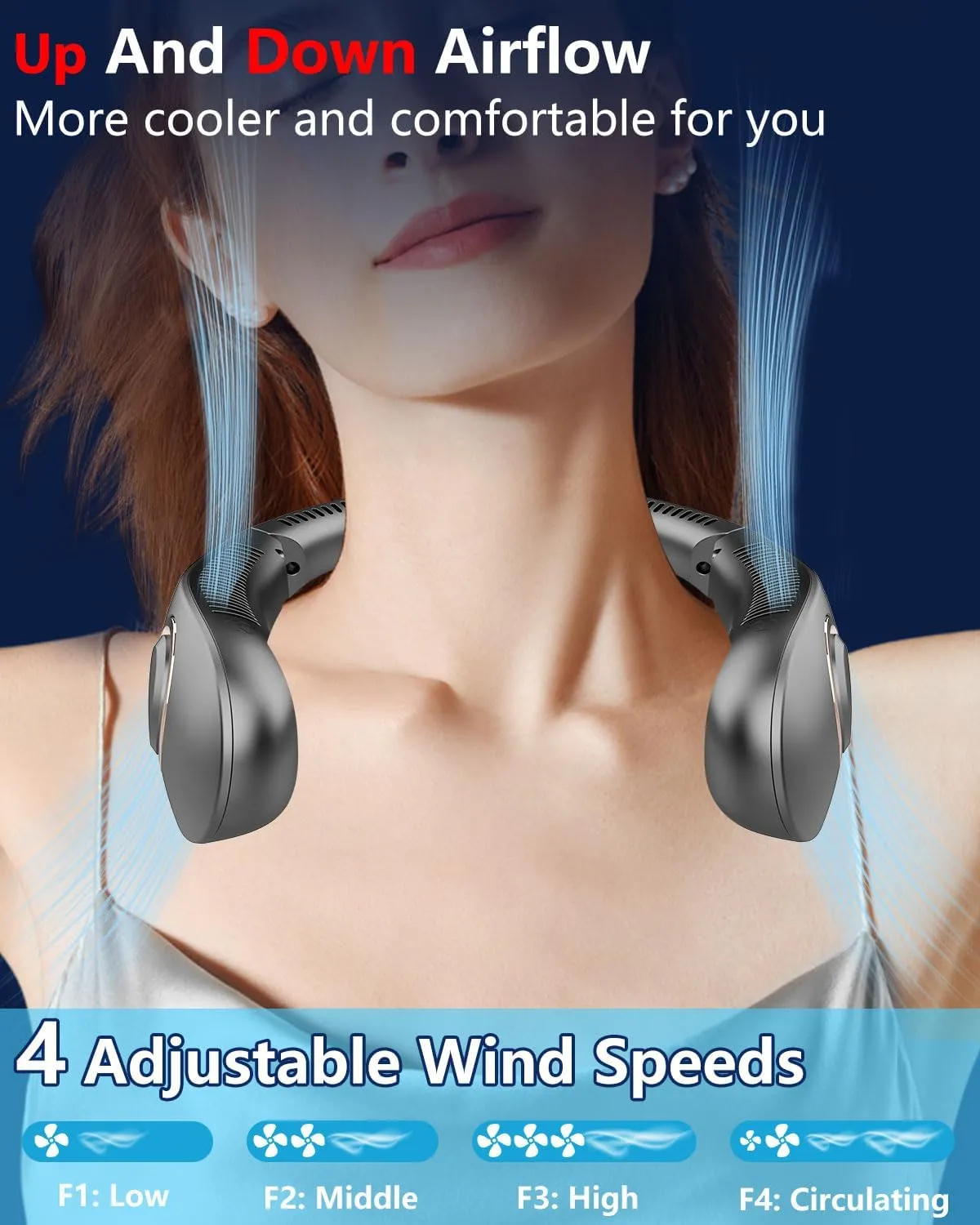 Neck Fan Rechargeable,Portable Neck Fan that Blow Cold Air Battery Operated,Folding Personal Fans Neck Hands Free,Bladeless Cooling Neck Fans Electric Wearable Necklace Fan for Travel Airplane Black