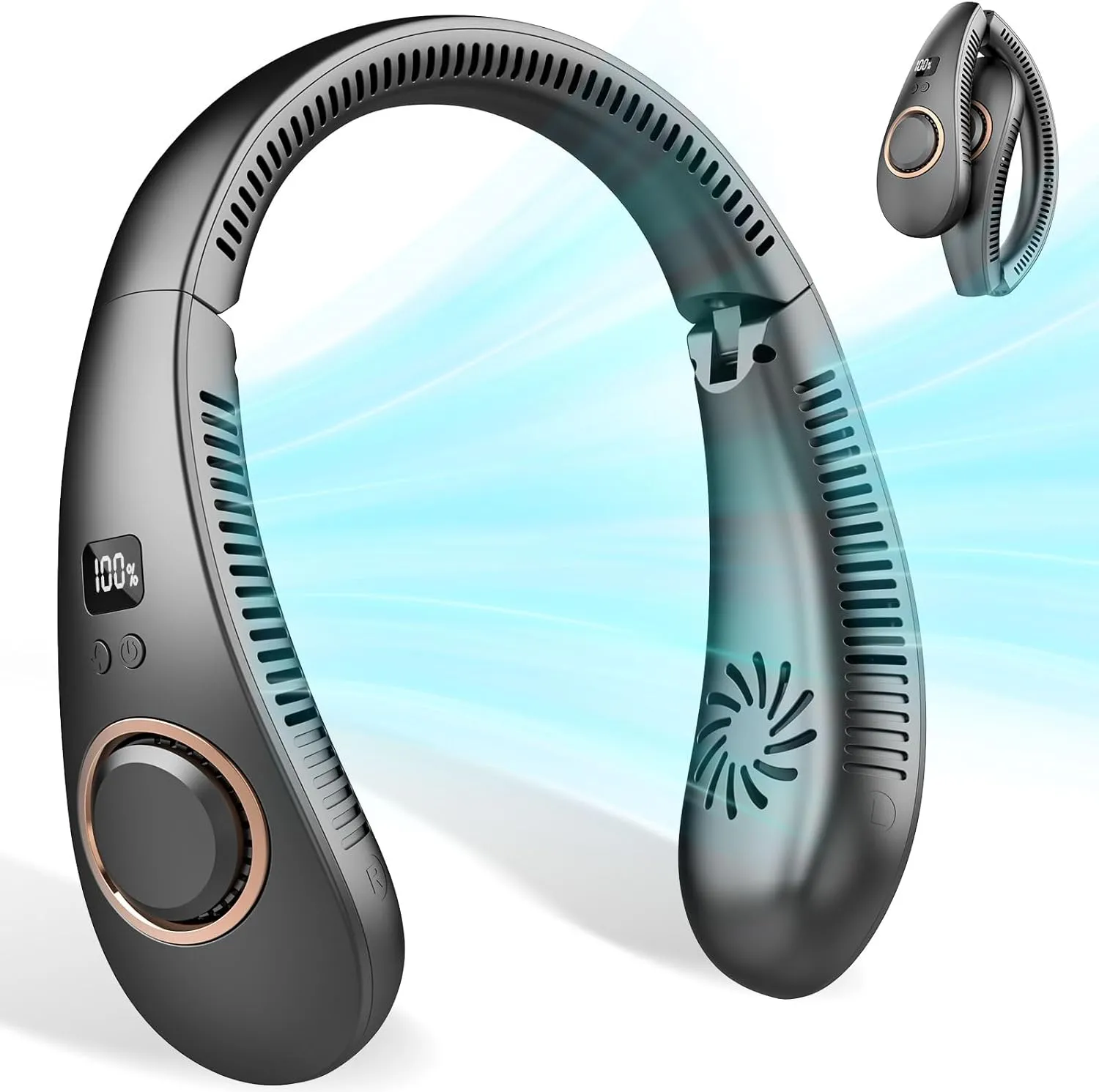 Neck Fan Rechargeable,Portable Neck Fan that Blow Cold Air Battery Operated,Folding Personal Fans Neck Hands Free,Bladeless Cooling Neck Fans Electric Wearable Necklace Fan for Travel Airplane Black Small bladeless fan for quiet cooling