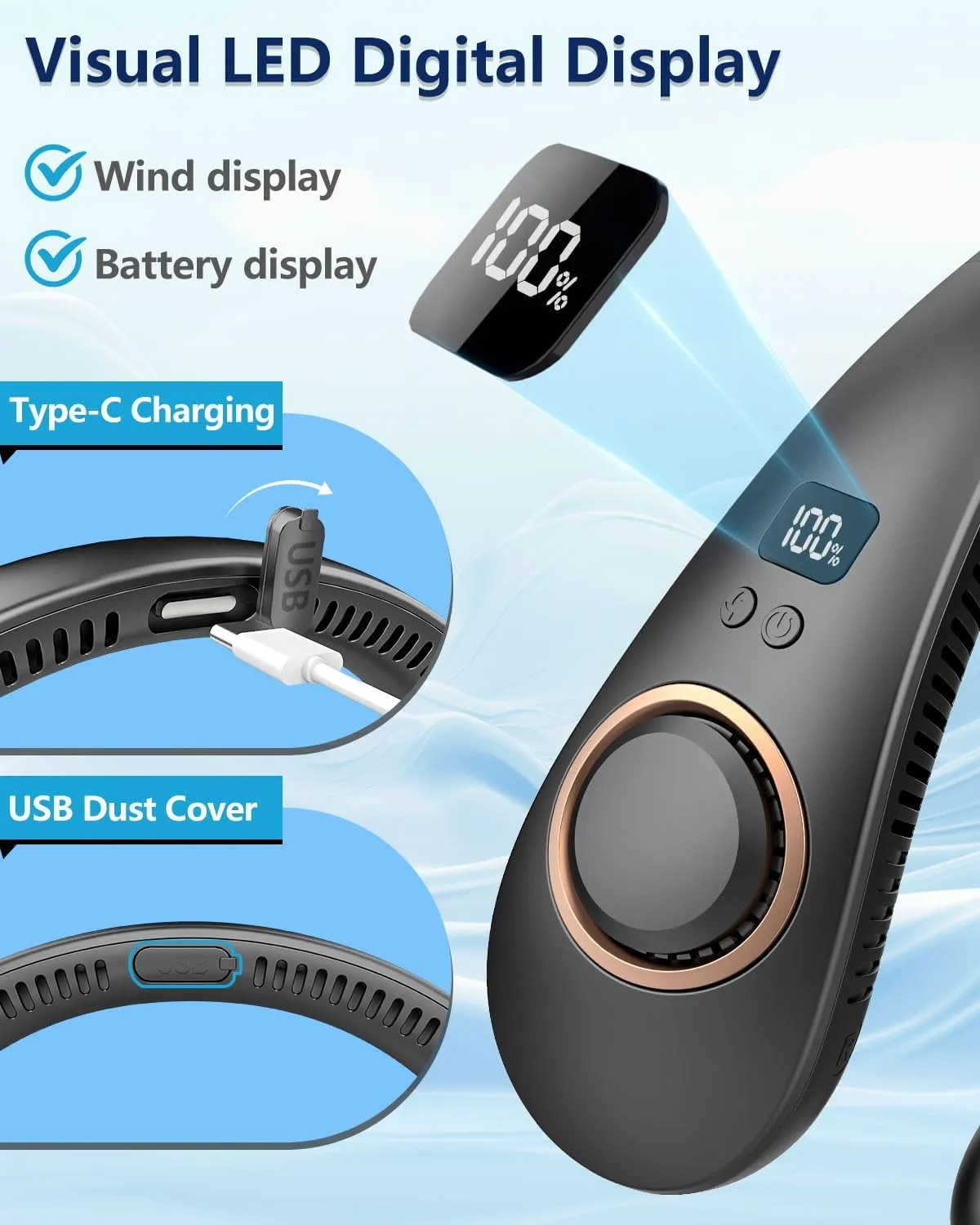Neck Fan Rechargeable,Portable Neck Fan that Blow Cold Air Battery Operated,Folding Personal Fans Neck Hands Free,Bladeless Cooling Neck Fans Electric Wearable Necklace Fan for Travel Airplane Black