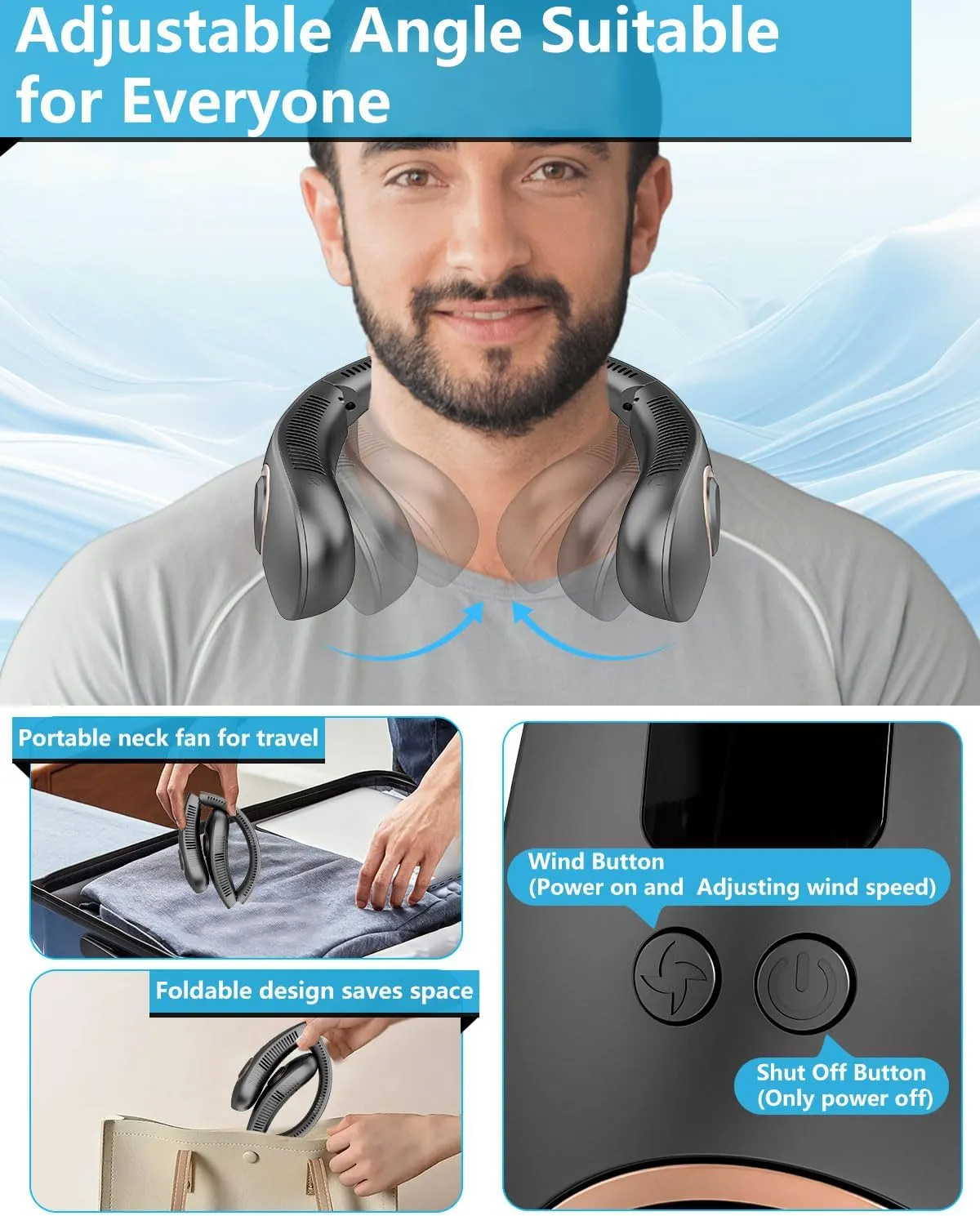 Neck Fan Rechargeable,Portable Neck Fan that Blow Cold Air Battery Operated,Folding Personal Fans Neck Hands Free,Bladeless Cooling Neck Fans Electric Wearable Necklace Fan for Travel Airplane Black