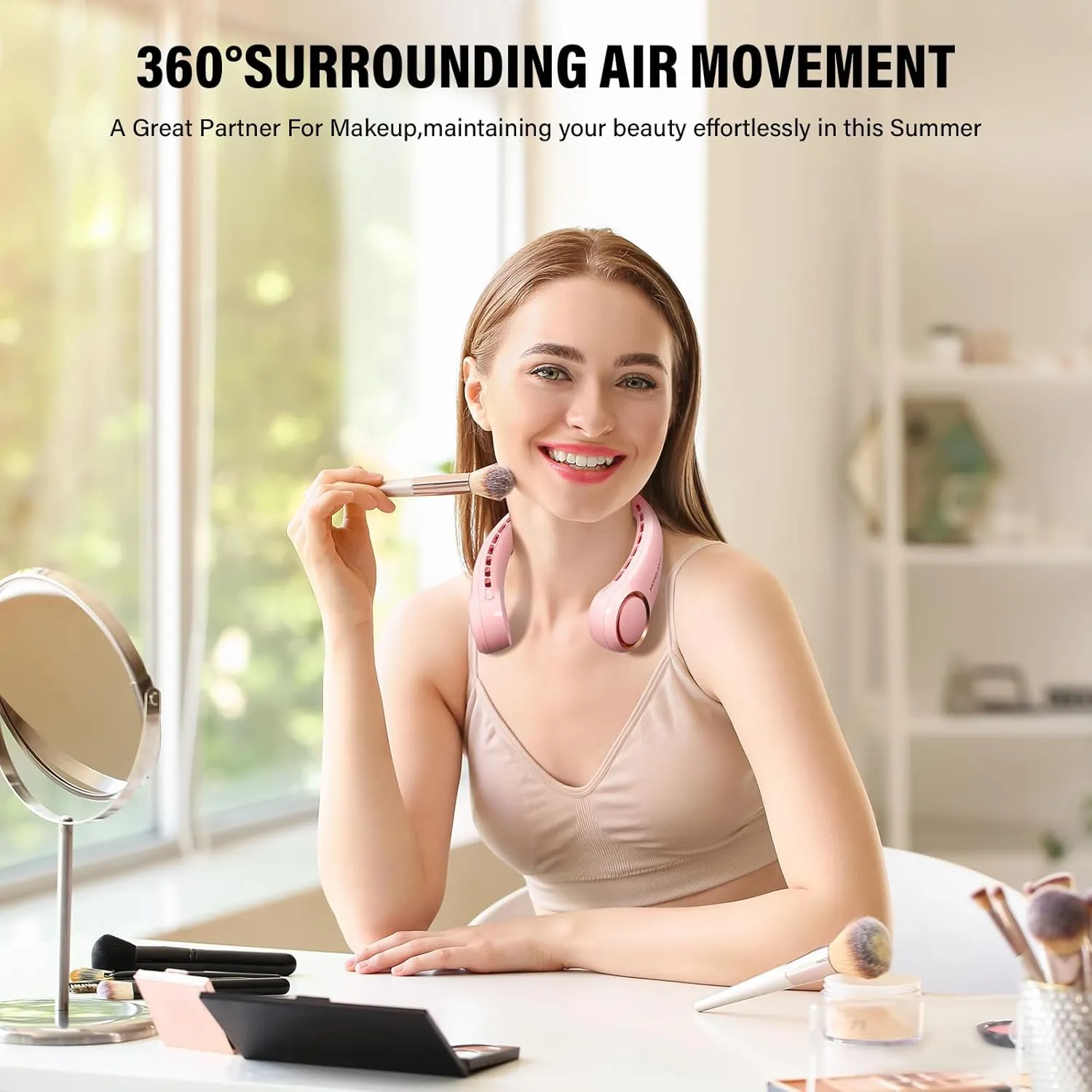 Neck Fan, USB Rechargeable Personal Fan, 3 Speeds Adjustable, Large air outlet Powerful Strong Wind, Adjustable, 360 Cooling, Super Quiet, No Blade Design, No Hair Twisting, Small (Pink)