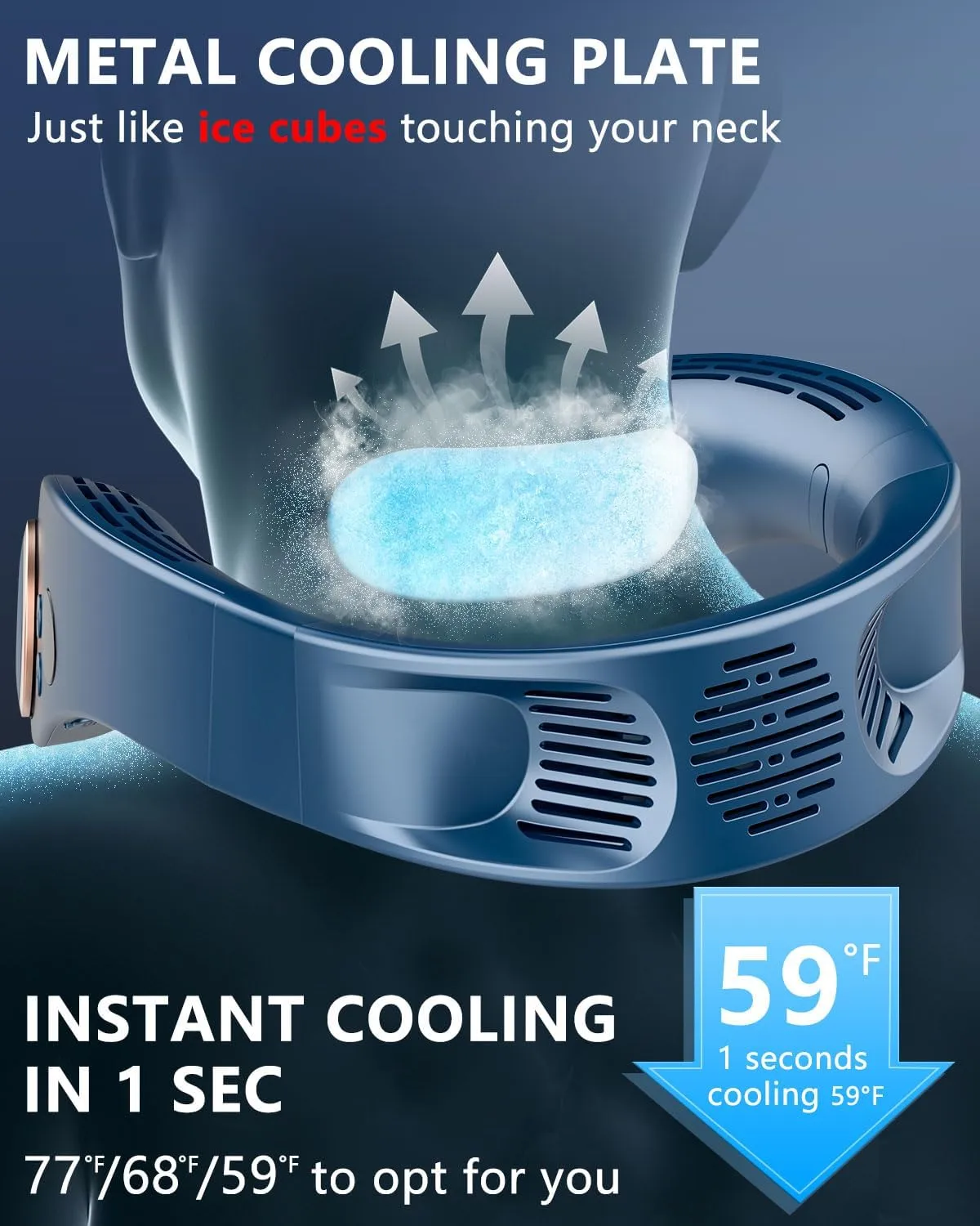 Neck Fan with Cooling Plate,5500mAh Neck Fans that Blow Cold Air Rechargeable Battery Operated,USB-C Bladeless Air Conditioner Cooling Plate AC Cooler,Quiet Head Wearable Hangs Around Neck Device Blue