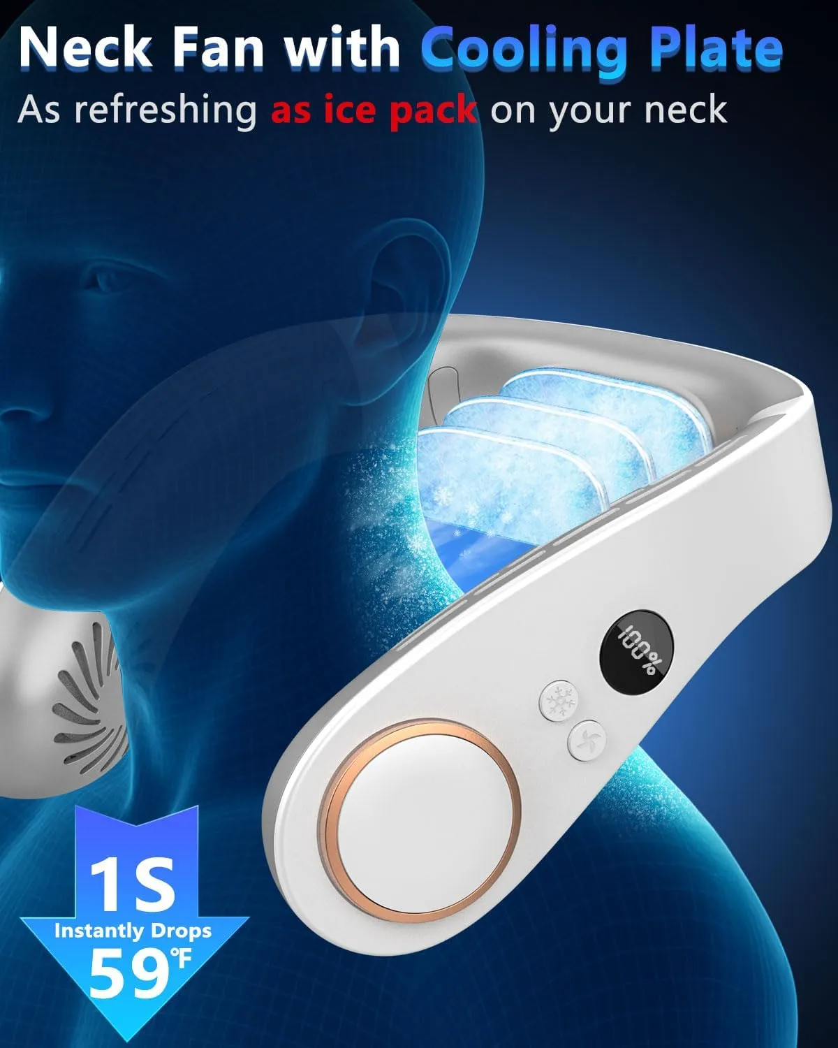 Neck Fan with Cooling Plate,Portable Neck Fans that Blow Cold Air Rechargeable Battery Powered Air Conditioner,Bladeless Wraps Body Ac, Wear Around the Neck Coolers for Extremely Hot Weather White