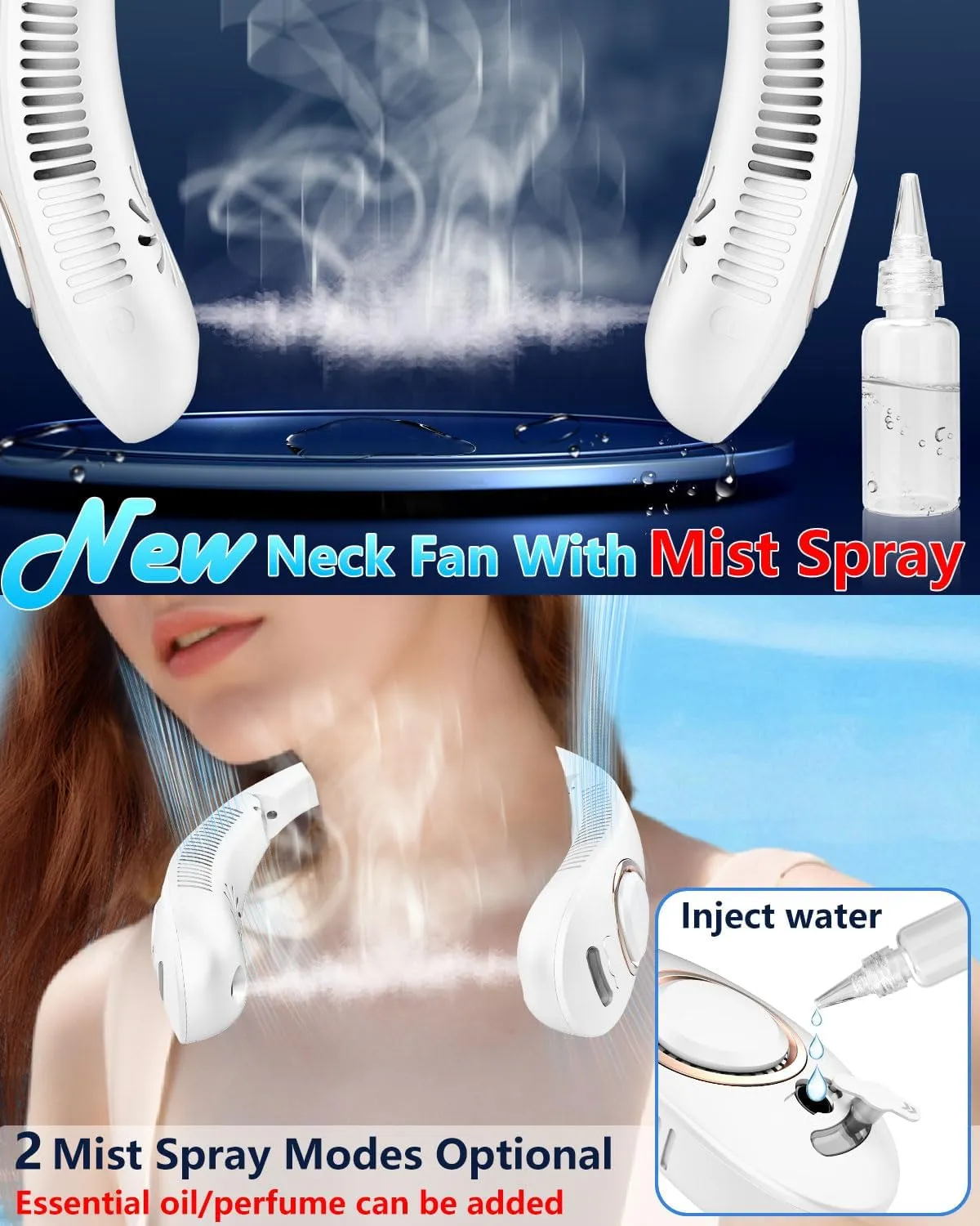 Neck Fan with Mist Spray, Portable Neck Fans that Blow Cold Air,Folding Bladeless Personal Fan Mister,Quiet Headphones USB-C Rechargeable Battery Operated Cooling Mising Fan for Women Men Kids White