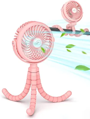 neofeel Stroller Fan, Portable Rechargeable Fan Clip on Stroller/Crib with Flexible Stand, 3 Speeds and LED Lighting AvailablePink Octopus-shaped decorative fan