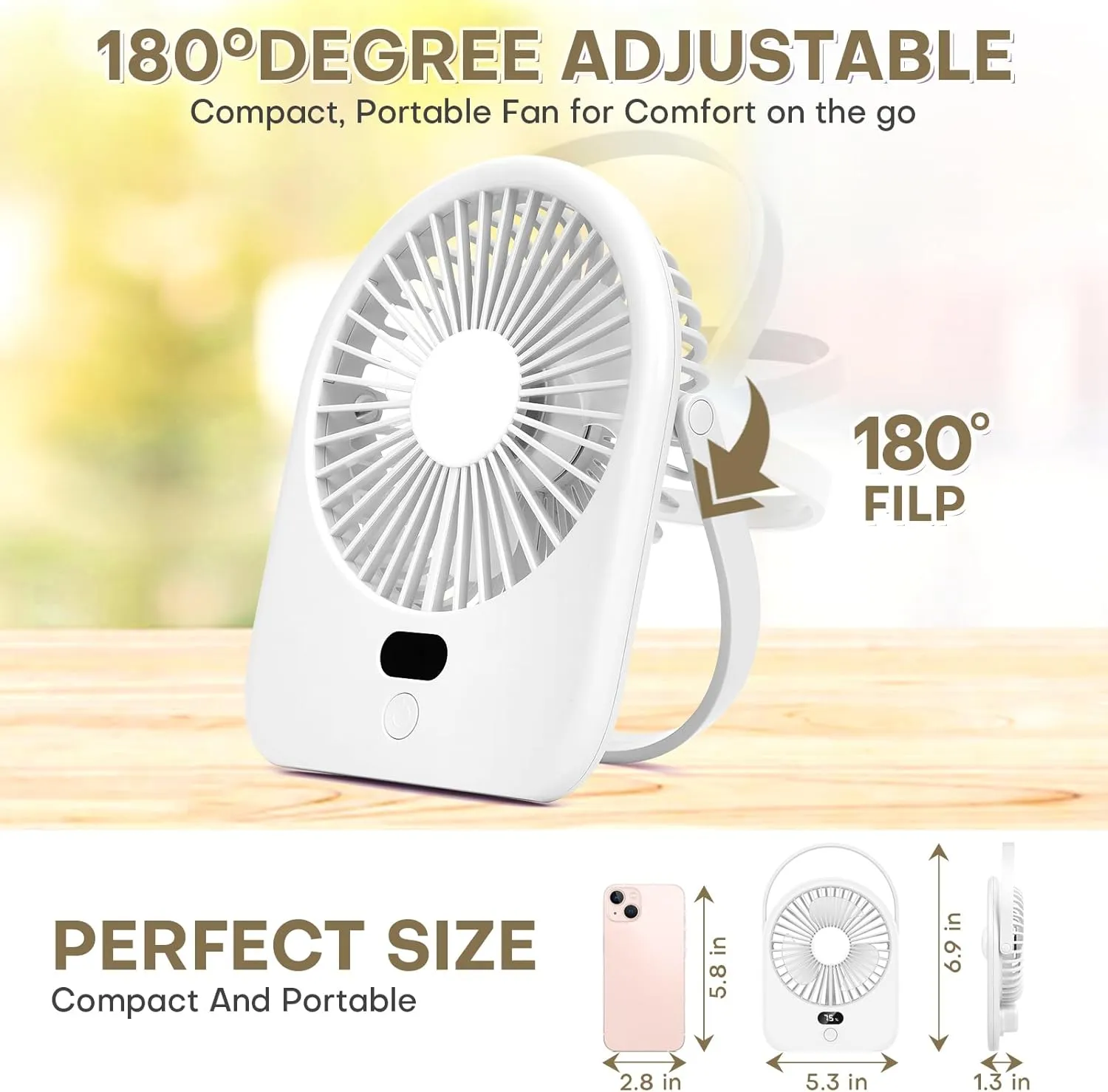 Nezylaf Portable Desk Fan with LED Light, Rechargeable 2000mAh Battery Operated Personal Fan, 180 Tilt Adjustable Small Silent Table Travel Fan, 5 Speeds Desktop Fan for Bedroom, Outdoor