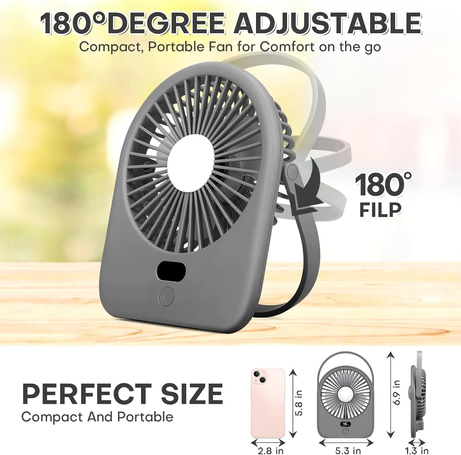 Nezylaf Portable Desk Fan with LED Light, Rechargeable 2000mAh Battery Operated Personal Fan, 180 Tilt Adjustable Small Silent Table Travel Fan, 5 Speeds Desktop Fan for Bedroom, Outdoor