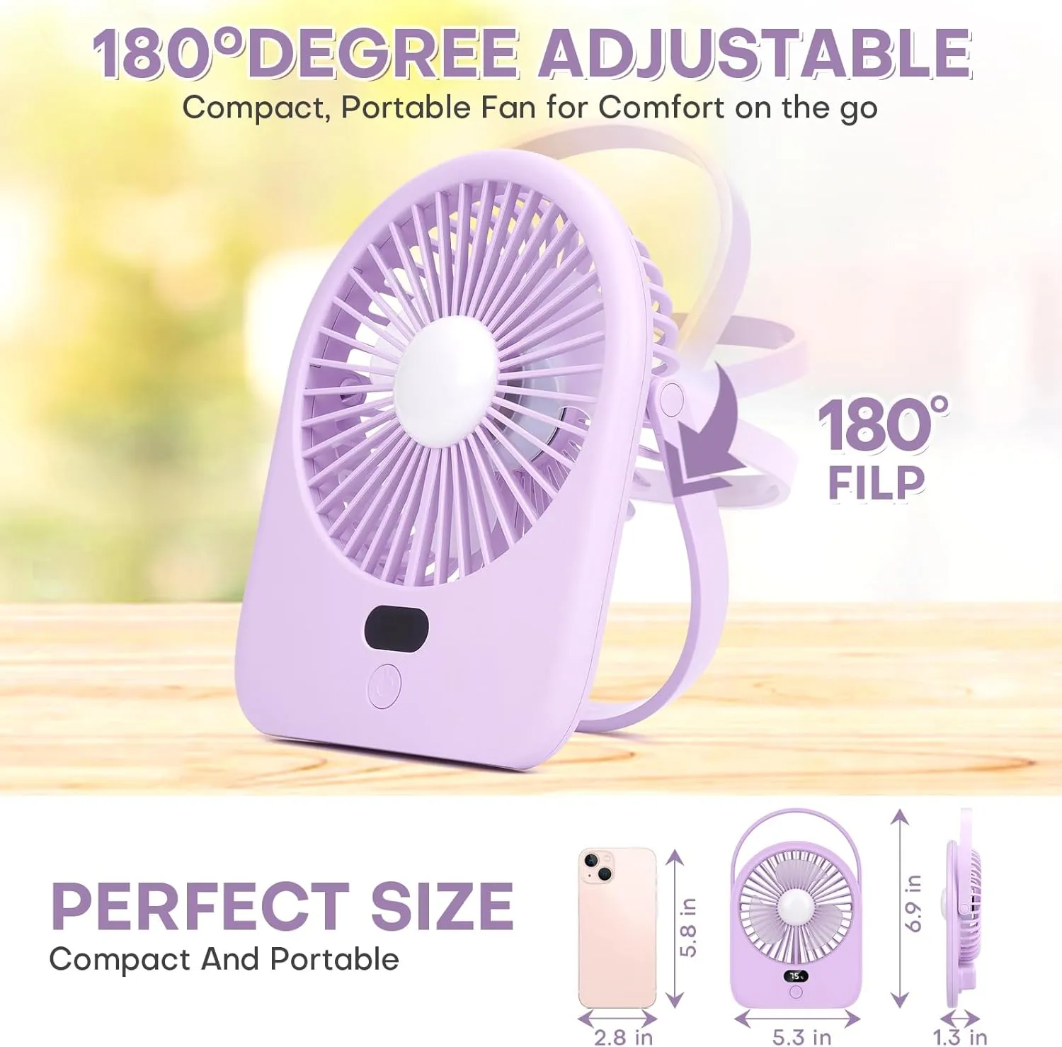 Nezylaf Portable Desk Fan with LED Light, Rechargeable 2000mAh Battery Operated Personal Fan, 180 Tilt Adjustable Small Silent Table Travel Fan, 5 Speeds Desktop Fan for Bedroom, Outdoor
