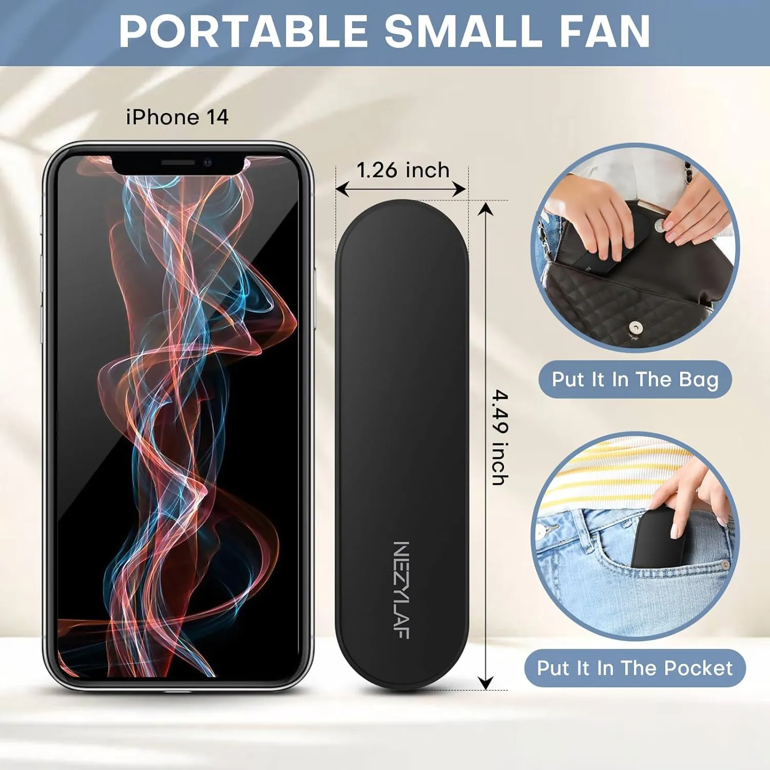 Nezylaf Portable mini handheld Fan, small Rechargeable Personal Fan for 9-15 Hours Runtime, Pocket Design for Travel/Women Essentials/vacation/beach/vacation/airplane/disney