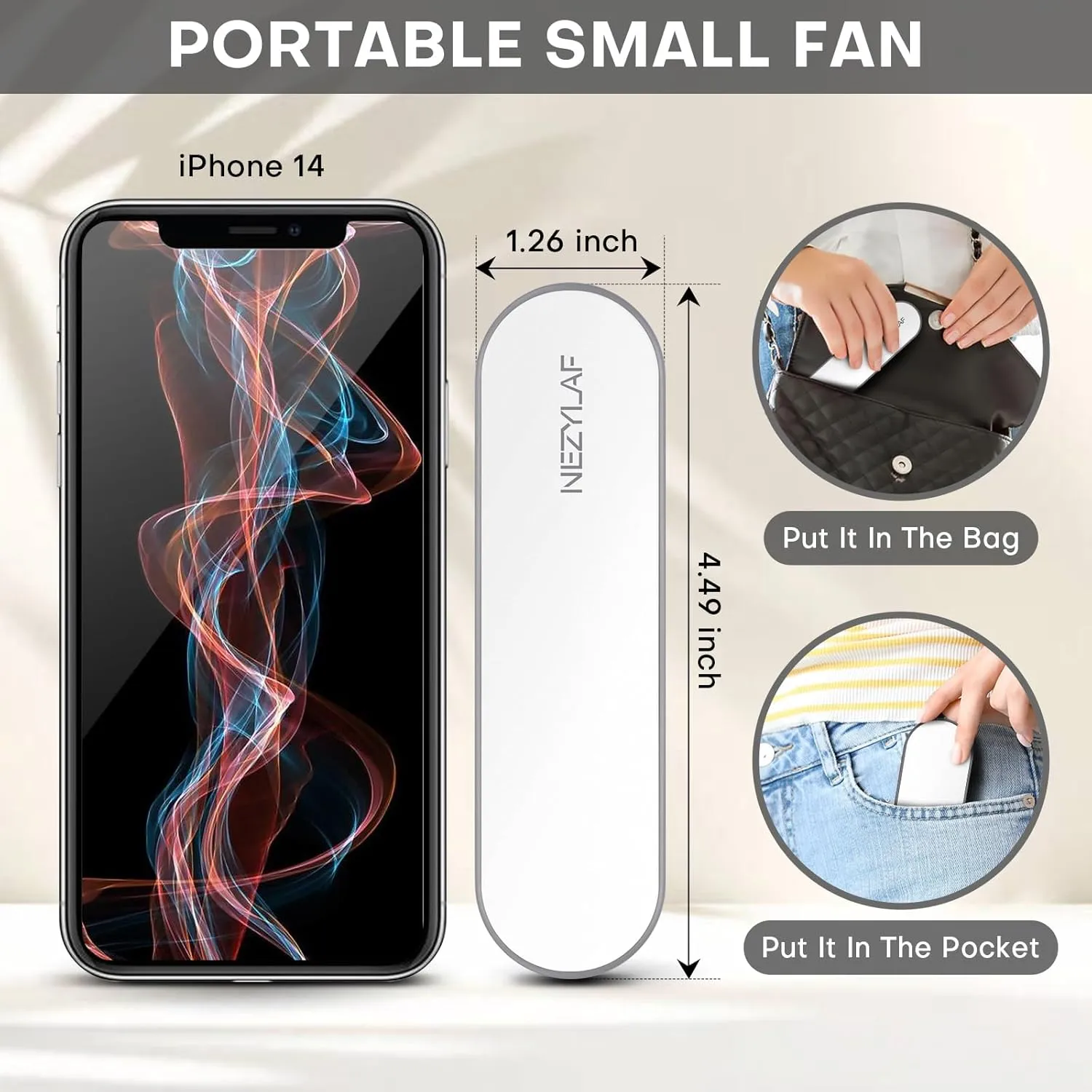 Nezylaf Portable mini handheld Fan, small Rechargeable Personal Fan for 9-15 Hours Runtime, Pocket Design for Travel/Women Essentials/vacation/beach/vacation/airplane/disney