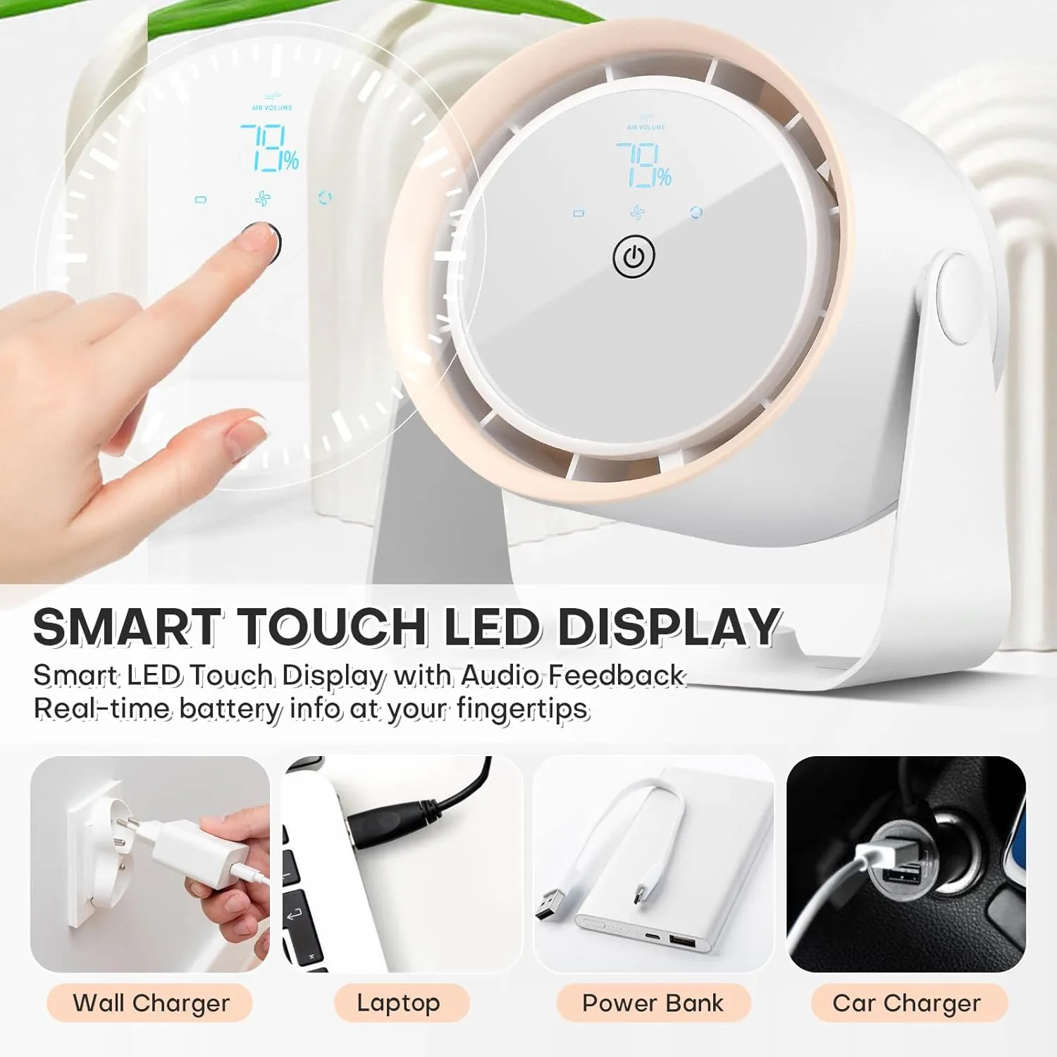 Nezylaf Rechargeable Desk Fan, 5-Speed Quiet Strong Airflow Battery Operated Table Fan with Touchscreen Digital Display. Portable USB Powered Fan for Office, Bedroom, Kitchen, Small Travel Camping