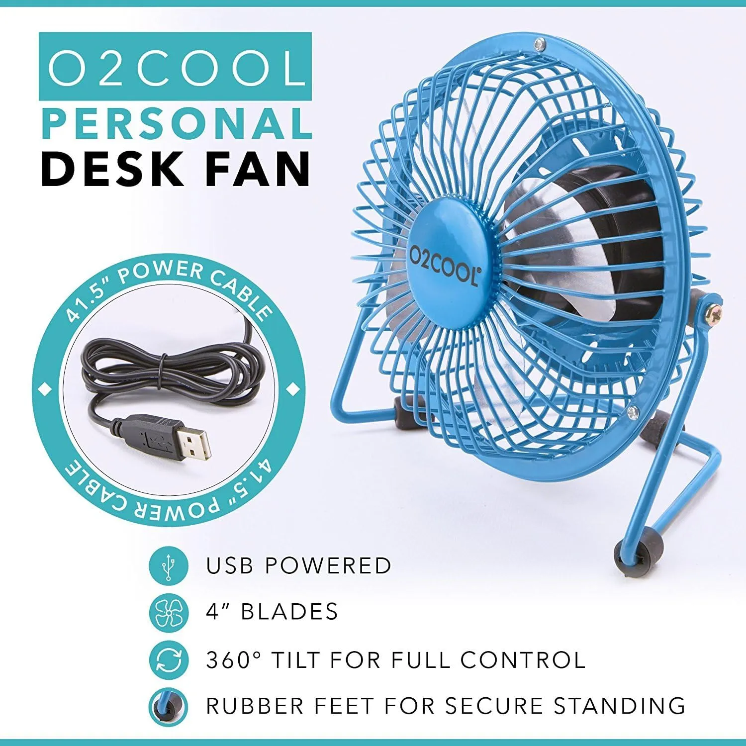 O2COOL 4" USB Personal Desk Fan  Portable Mini Table Cooling Fan - Plugs into Computer - Adjustable 360 Tilt, Quiet, Rubber Grip Feet - Blue Octopus-shaped decorative fan