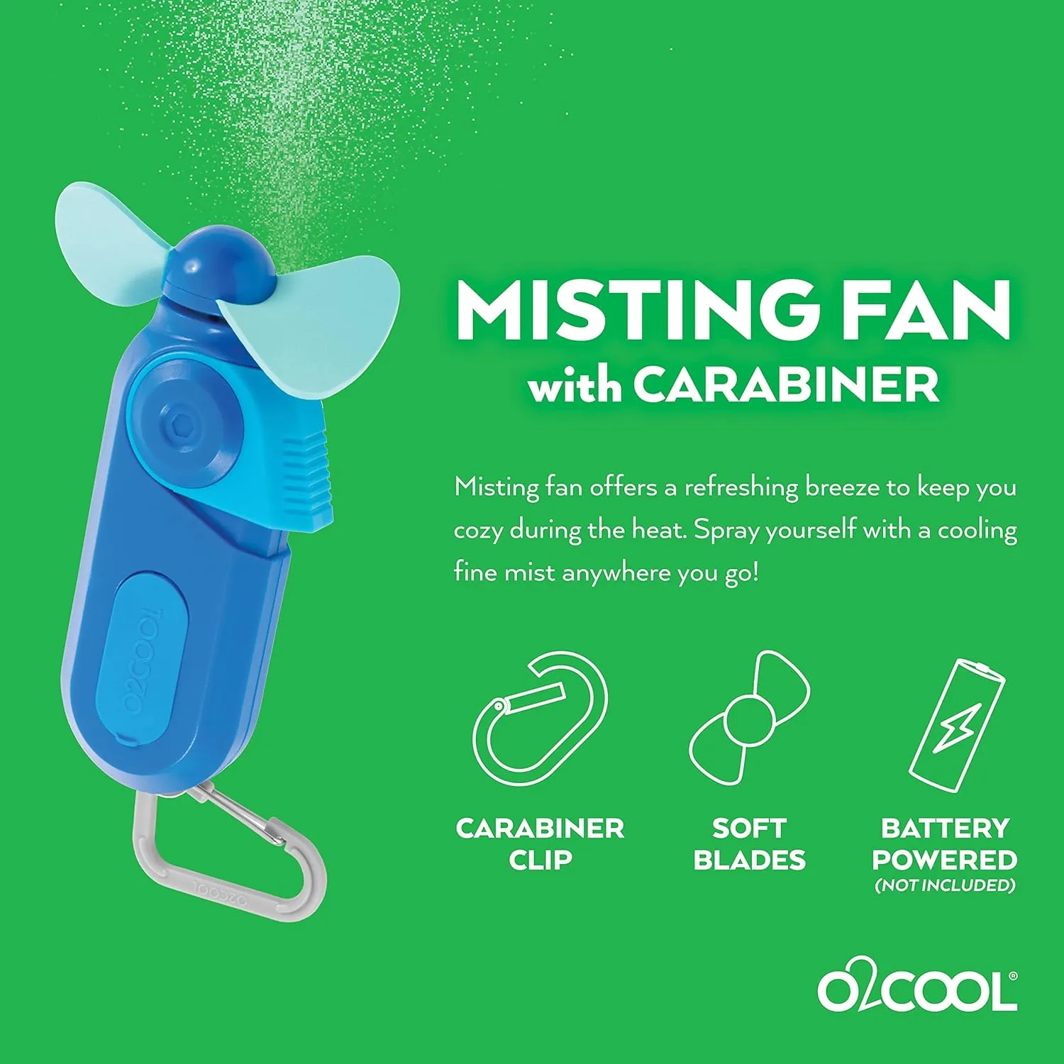 O2COOL Carabiner Sport Misting Fan - Pocket Sized, Portable On-The-Go Battery Powered Cooling, Sports Carabiner Fan, Blue