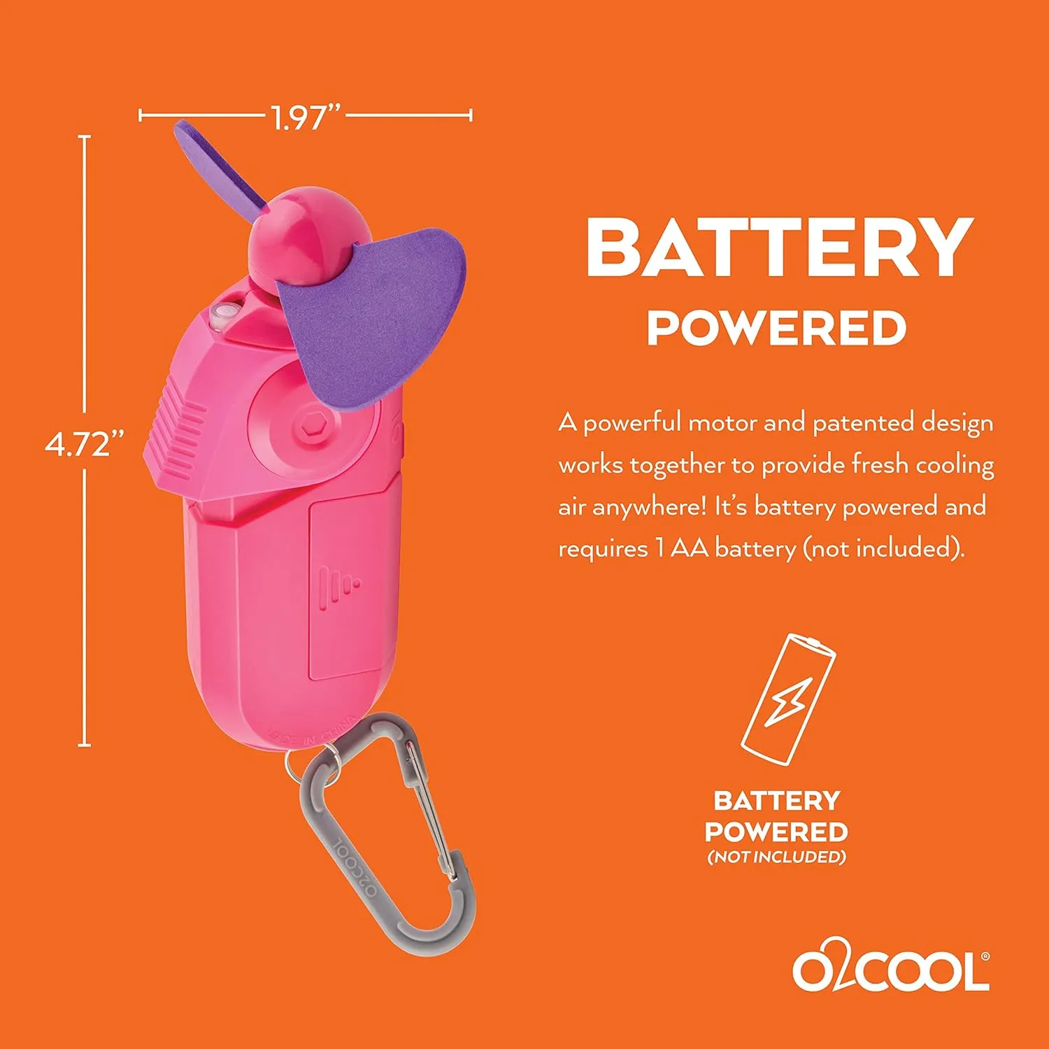 O2COOL Personal Mini Misting Fan - Portable Battery Operated Handheld Cooling Accessory with Fine Mist Spray for Outdoor, Beach, Camping - Convenient Carabiner Clip for Easy Travel - Raspberry 2 Pack