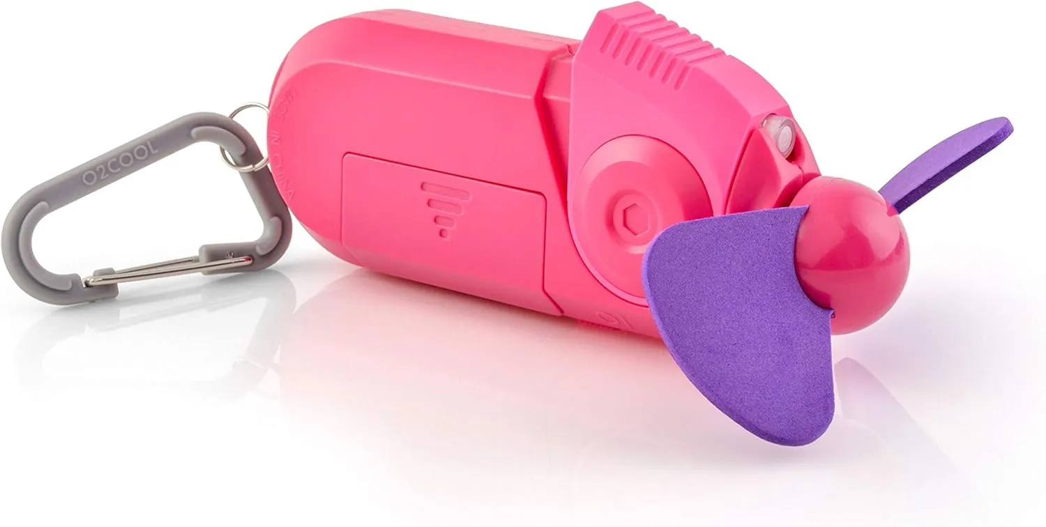 O2COOL Personal Mini Misting Fan - Portable Battery Operated Handheld Cooling Accessory with Fine Mist Spray for Outdoor, Beach, Camping - Convenient Carabiner Clip for Easy Travel - Raspberry 2 Pack