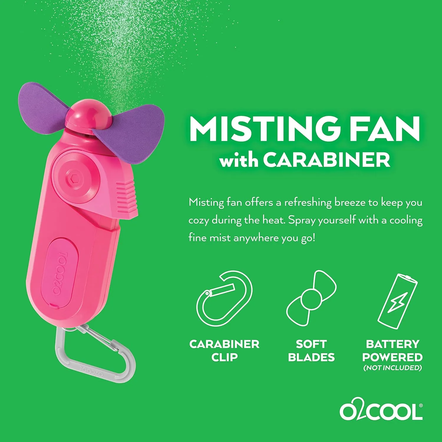 O2COOL Personal Mini Misting Fan - Portable Battery Operated Handheld Cooling Accessory with Fine Mist Spray for Outdoor, Beach, Camping - Convenient Carabiner Clip for Easy Travel - Raspberry 2 Pack