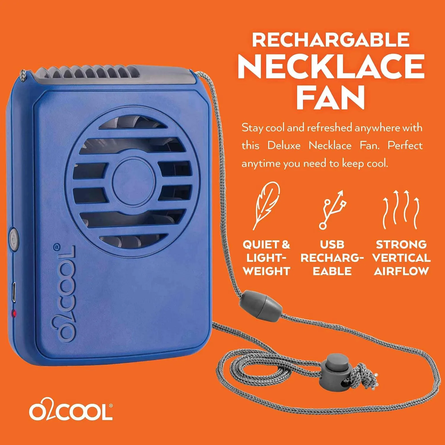 O2COOL Personal Travel Rechargeable Battery Powered Neck Cooling Fan, Single Pack (Dark Blue)