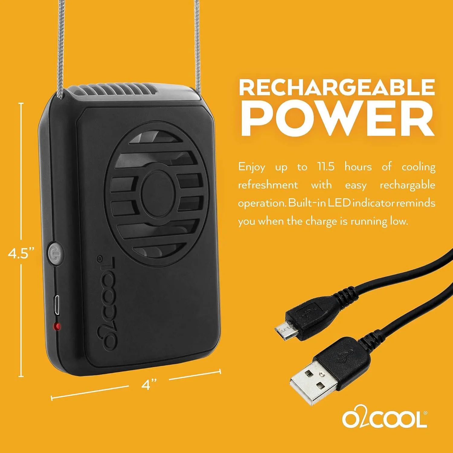O2COOL Portable Neck Personal Travel USB Battery Powered Adjustable Lanyard Cooling Fan, (Black)