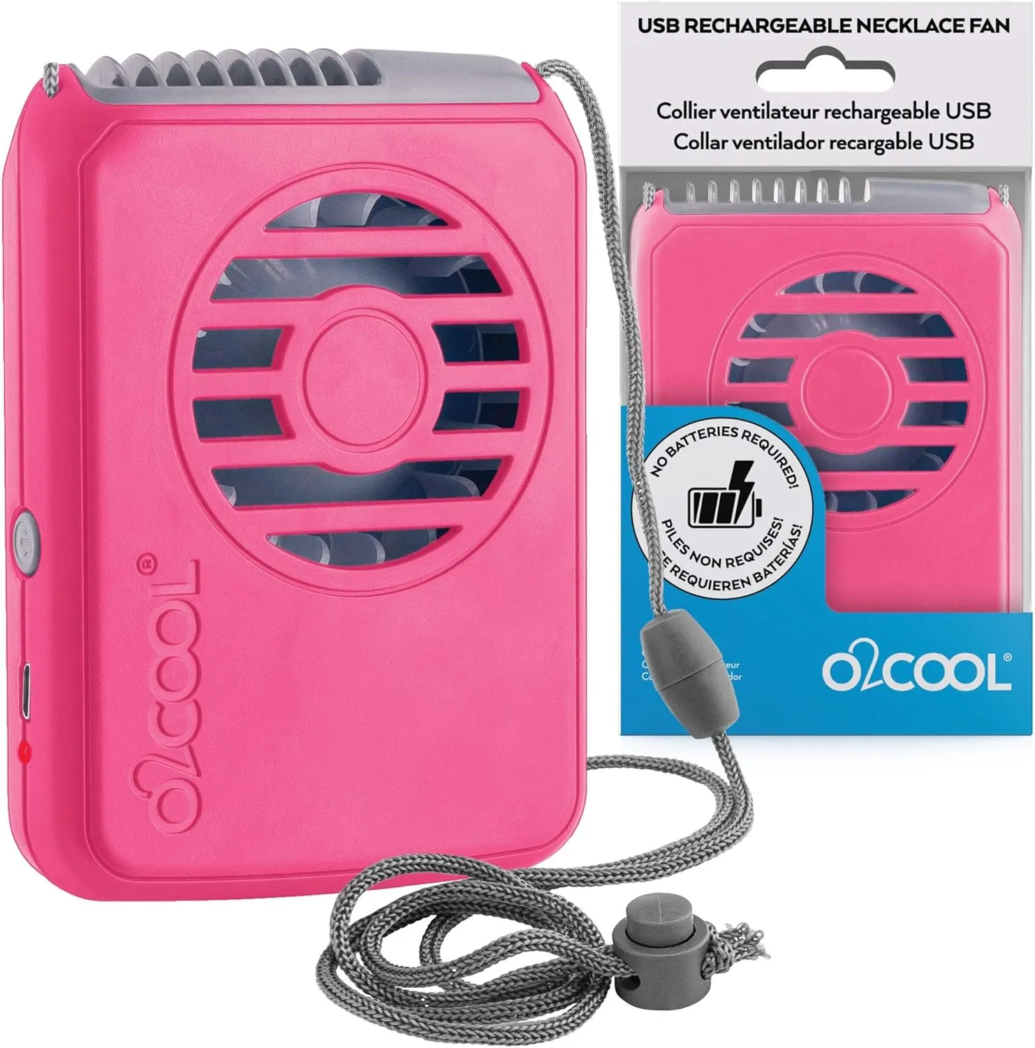 O2COOL Portable Neck Personal Travel USB Battery Powered Adjustable Lanyard Cooling Fan, (Pink/Raspberry)