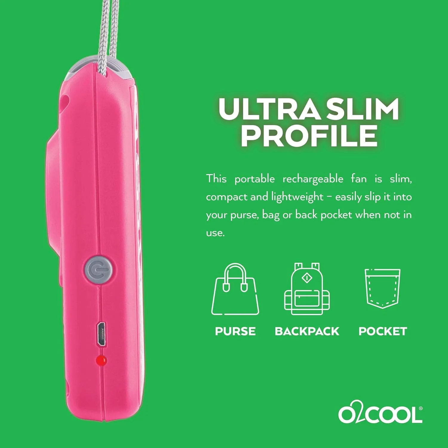 O2COOL Portable Neck Personal Travel USB Battery Powered Adjustable Lanyard Cooling Fan, (Pink/Raspberry)