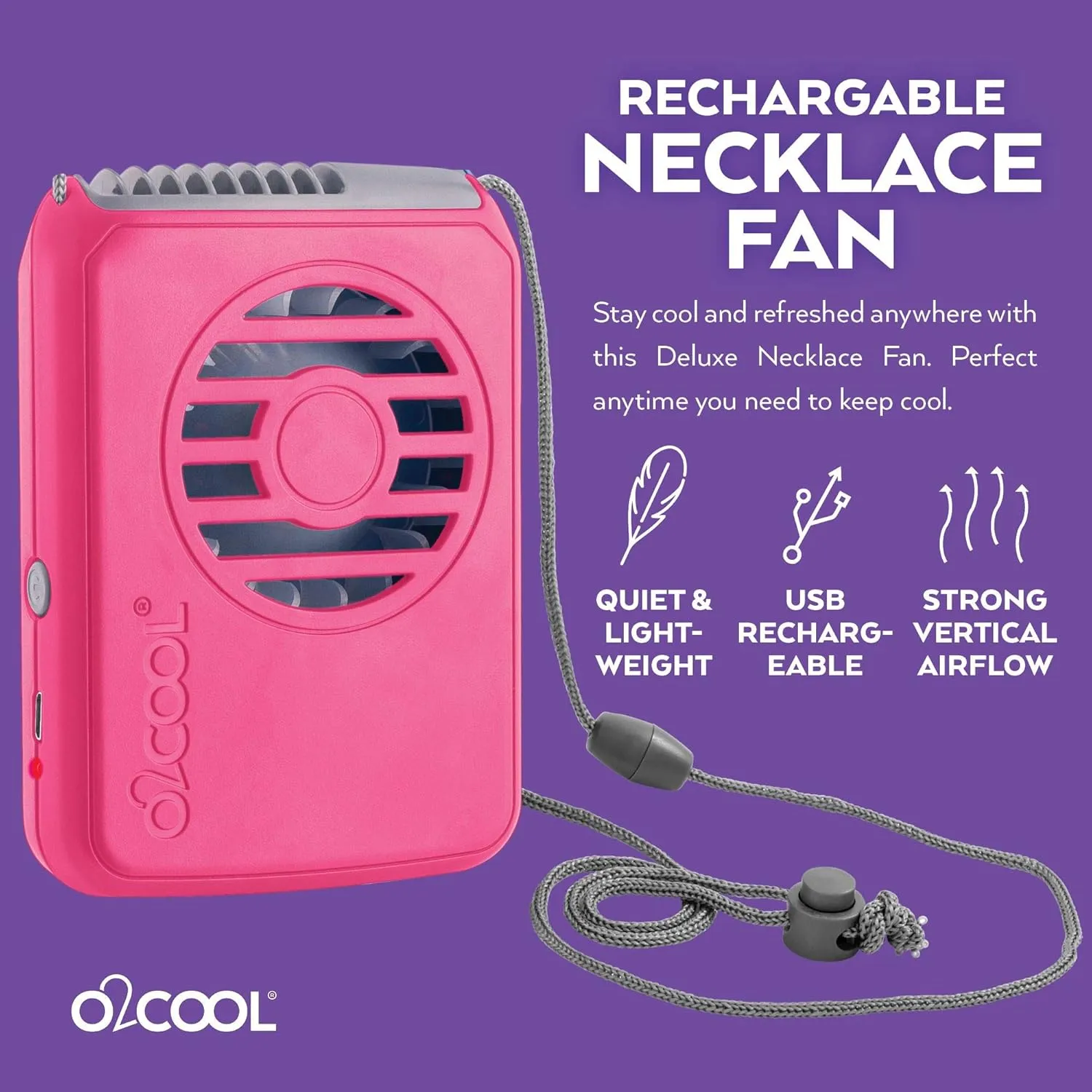 O2COOL Portable Neck Personal Travel USB Battery Powered Adjustable Lanyard Cooling Fan, (Pink/Raspberry)