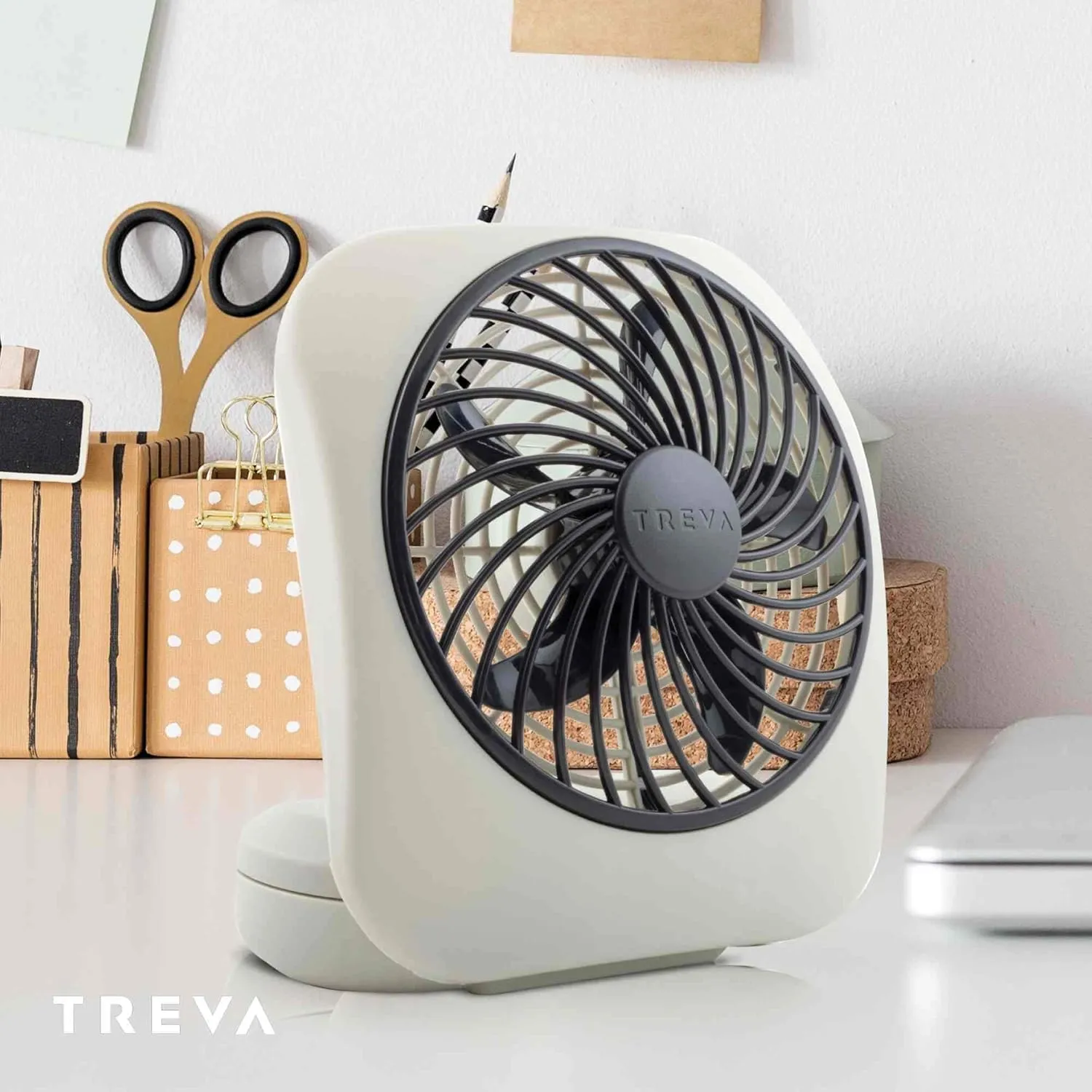 O2COOL Treva 5 Inch Battery Powered Fan Portable Desk Fan 2 Cooling Speeds with Compact Folding & Tilt Design Cubicle Accessories Small Portable (Grey)