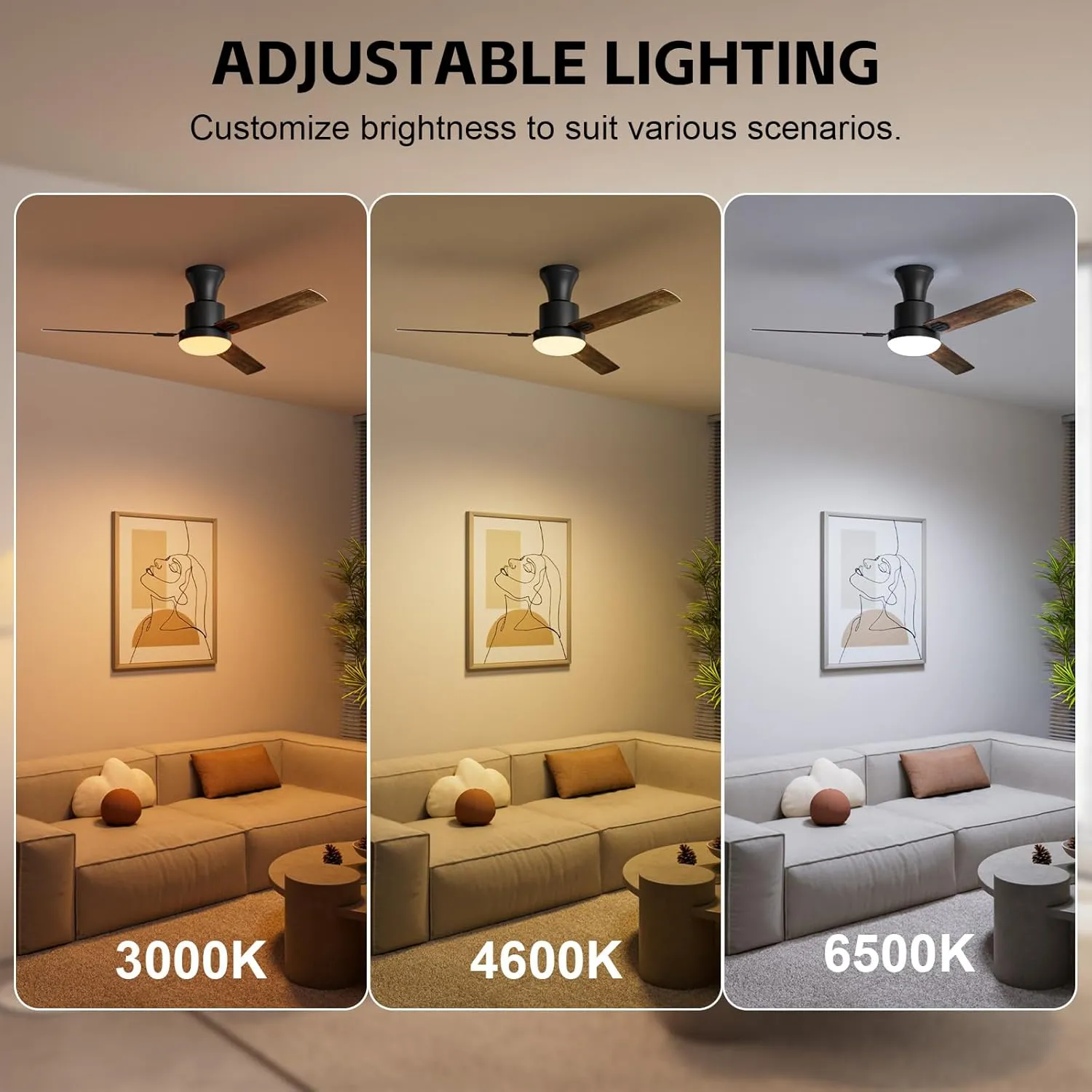 Obabala Ceiling Fans with Lights, 42 inch Flush Mount Ceiling Fan with Light and Remote Control & APP Reversible Dimmable Noiseless Ceiling Fan for Bedroom Indoor/Outdoor