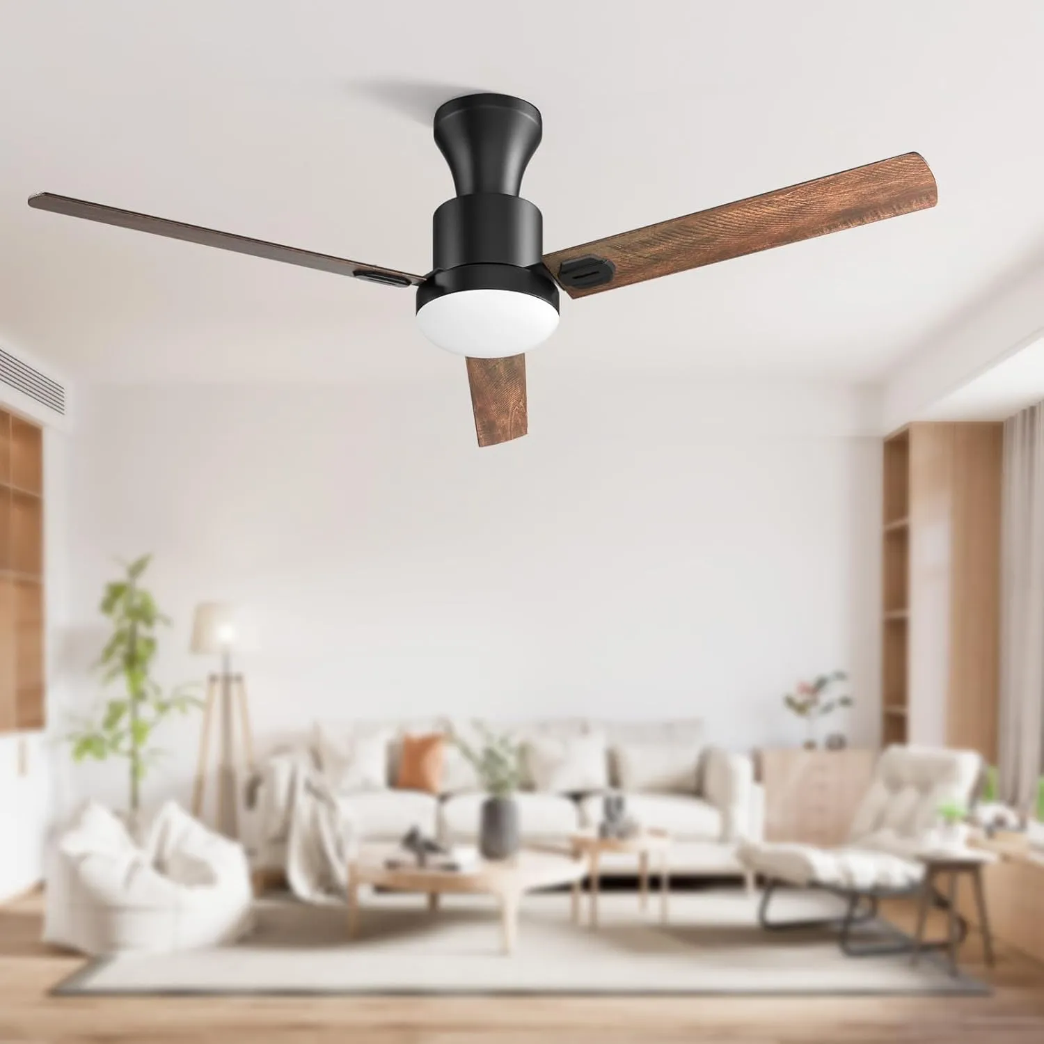 Obabala Ceiling Fans with Lights, 42 inch Flush Mount Ceiling Fan with Light and Remote Control & APP Reversible Dimmable Noiseless Ceiling Fan for Bedroom Indoor/Outdoor