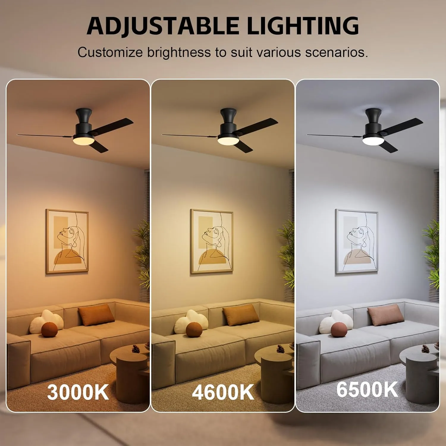 Obabala Ceiling Fans with Lights, 42 inch Flush Mount Ceiling Fan with Light and Remote Control & APPReversible Dimmable Noiseless Ceiling Fan for Bedroom Indoor/Outdoor