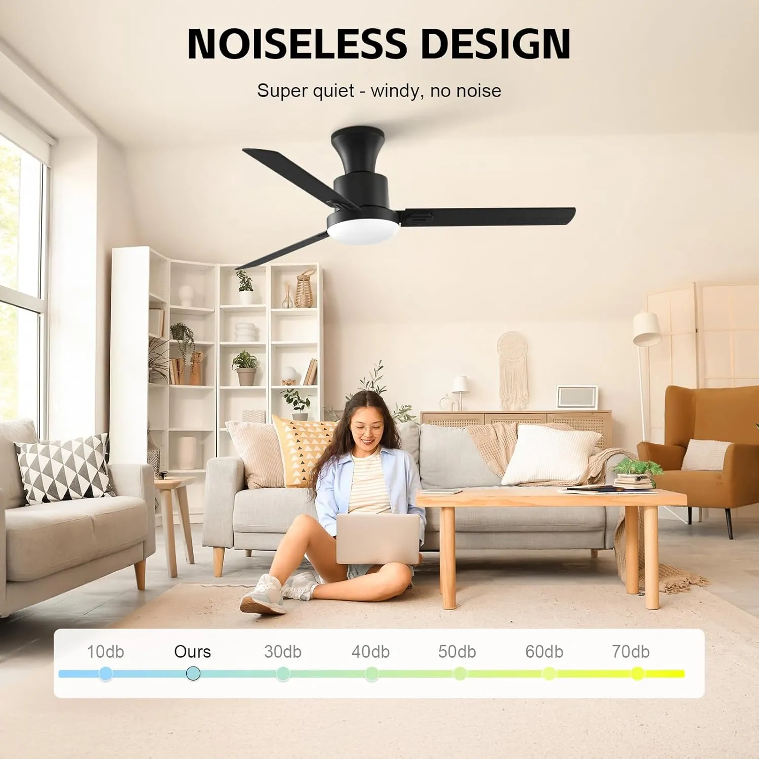 Obabala Ceiling Fans with Lights, 42 inch Flush Mount Ceiling Fan with Light and Remote Control & APPReversible Dimmable Noiseless Ceiling Fan for Bedroom Indoor/Outdoor
