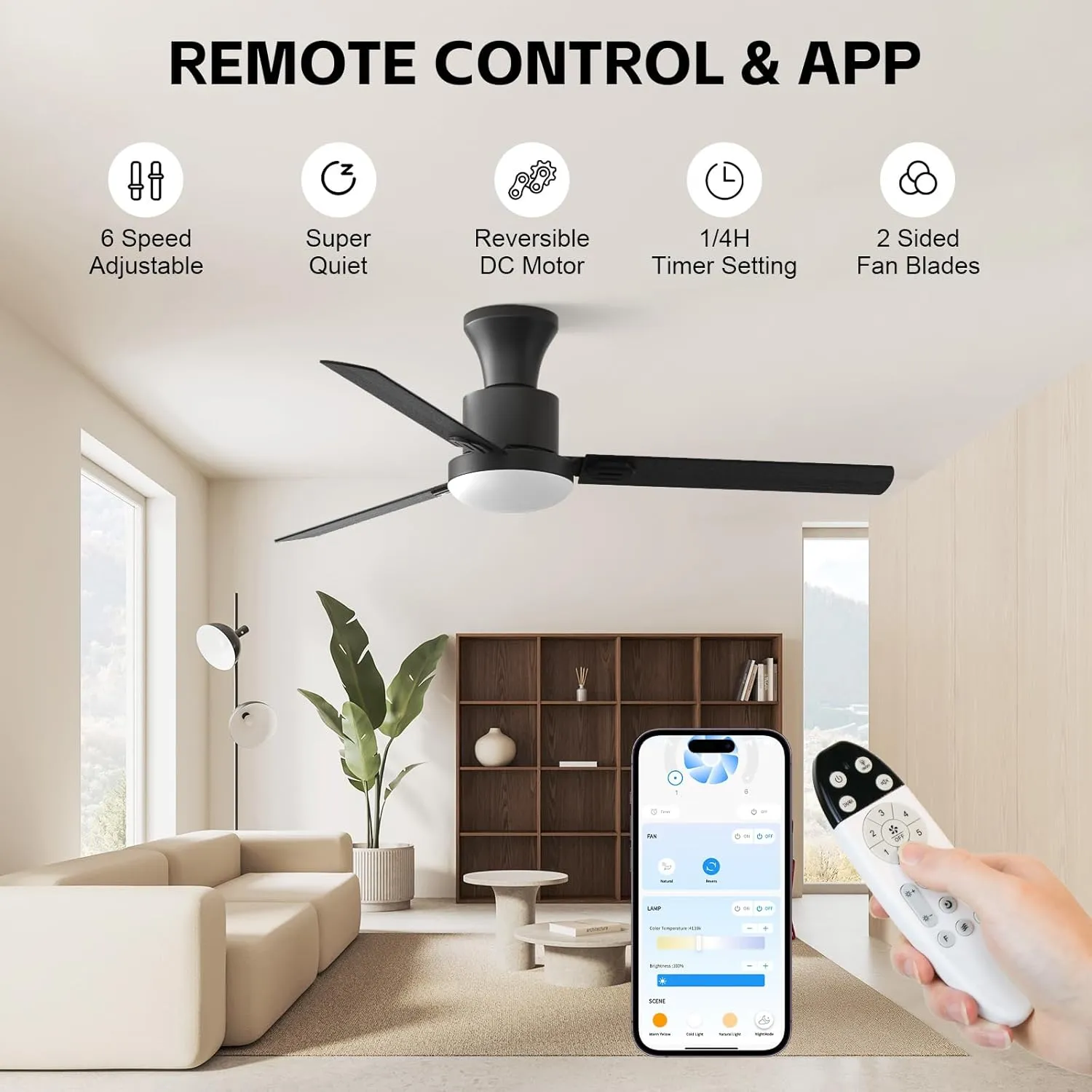 Obabala Ceiling Fans with Lights, 42 inch Flush Mount Ceiling Fan with Light and Remote Control & APPReversible Dimmable Noiseless Ceiling Fan for Bedroom Indoor/Outdoor