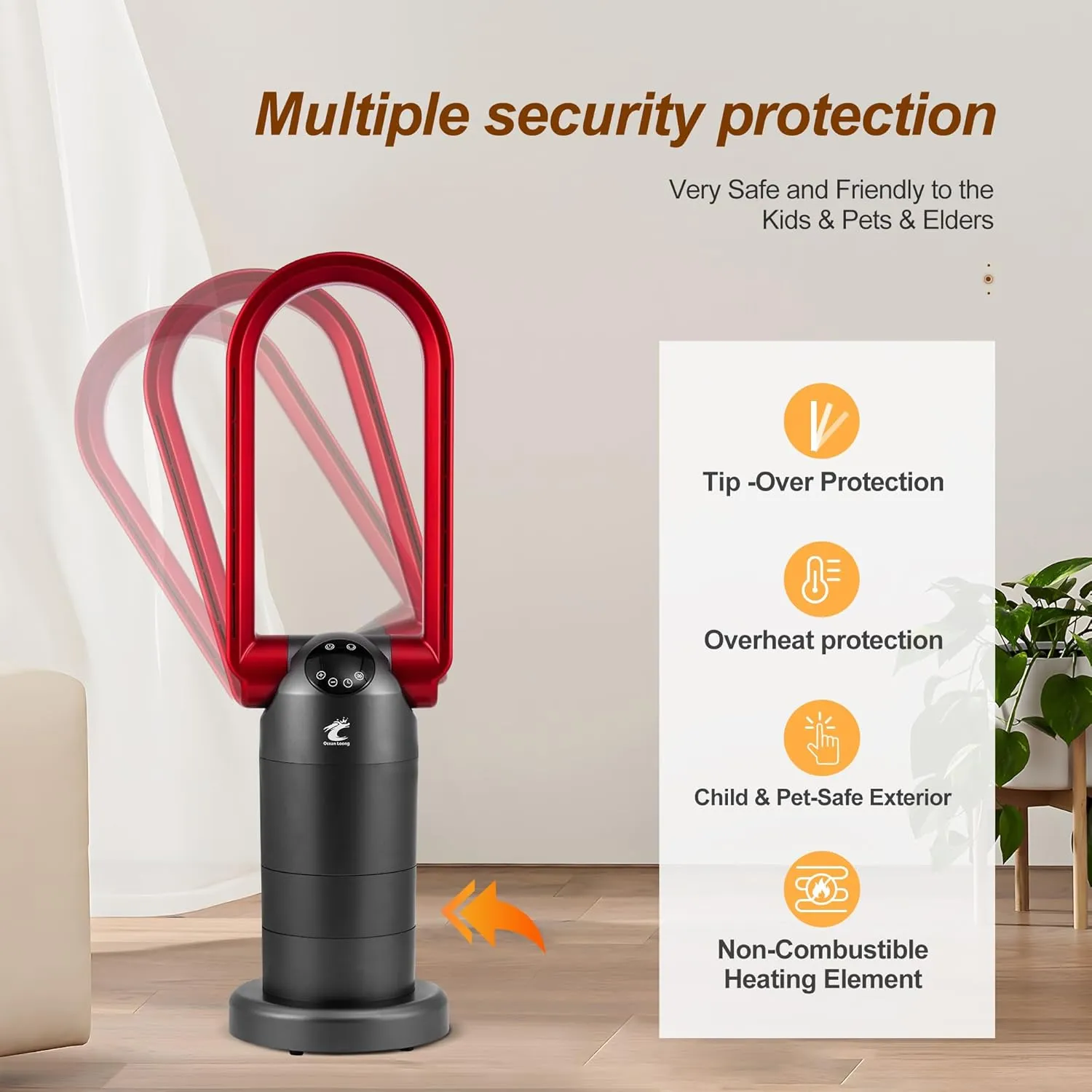 Ocean Loong 1500W Bladeless Tower Fan & Space Heater Combo for Home with Remote Control Timer Oscillation Tip-Over Switch and Adjustable Thermostat, 29 AB01H (Red)