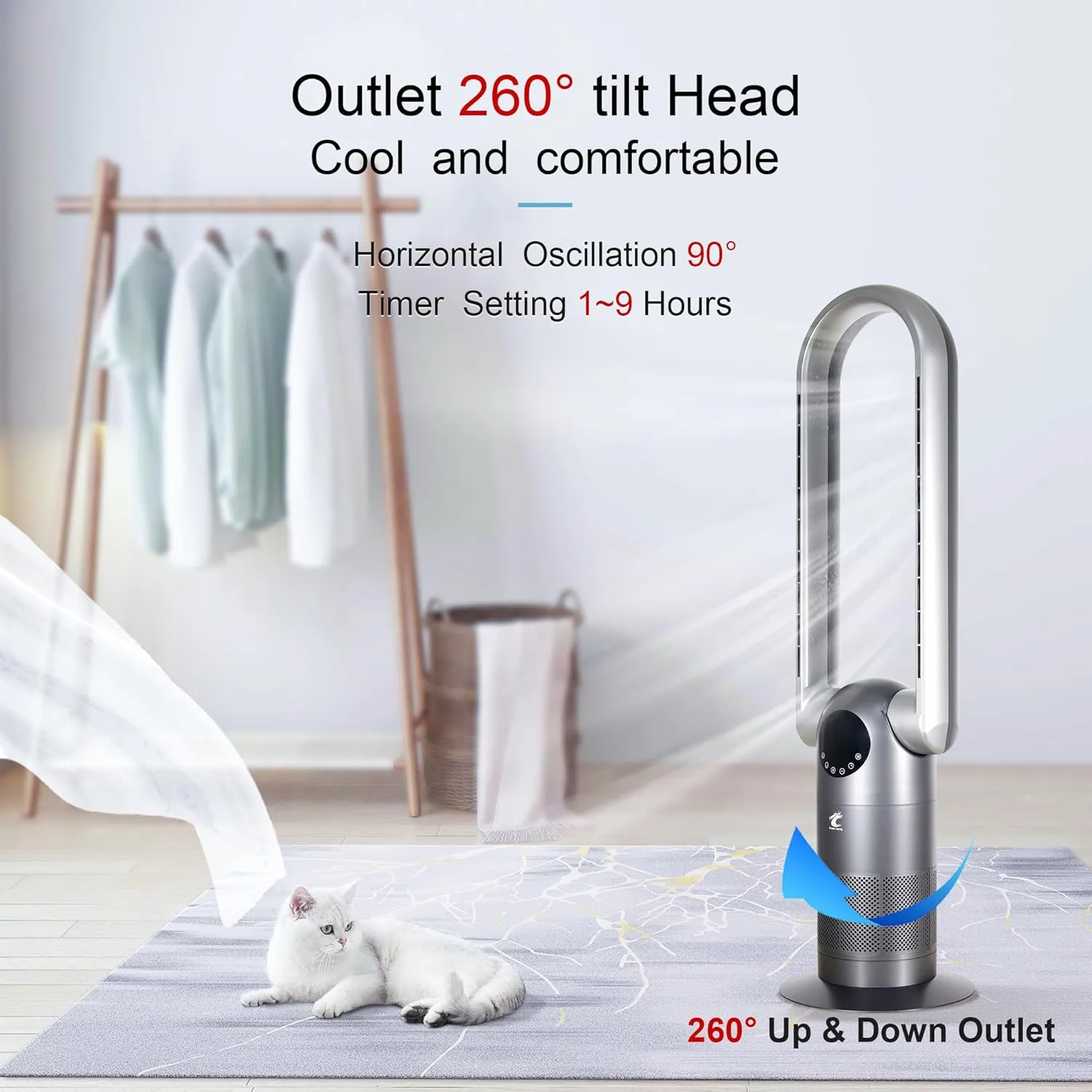 Ocean Loong Bladeless Tower Fan with Air Purifier Oscillation & Tilt Head 9Speeds 9Hours Timer and Remote Control - Quiet Cooling Fan for Bedroom Home Office (Black, 39)