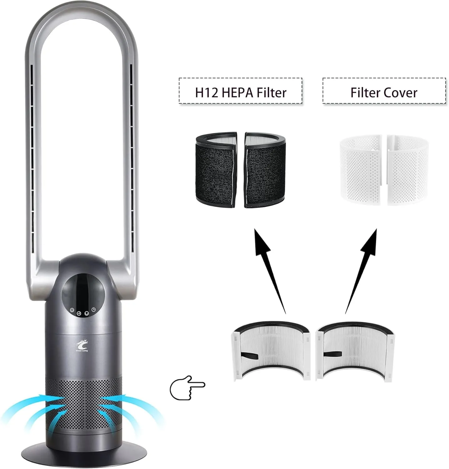 Ocean Loong Bladeless Tower Fan with Air Purifier Oscillation & Tilt Head 9Speeds 9Hours Timer and Remote Control - Quiet Cooling Fan for Bedroom Home Office (Black, 39)