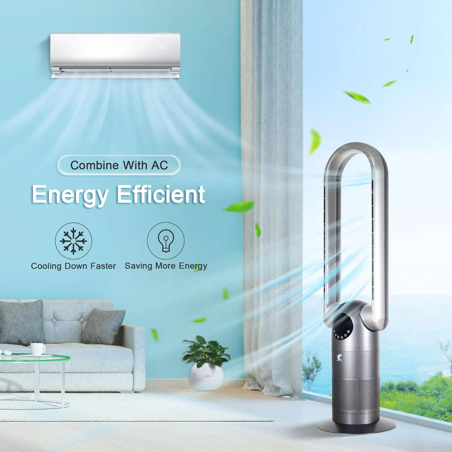 Ocean Loong Bladeless Tower Fan with Air Purifier Oscillation & Tilt Head 9Speeds 9Hours Timer and Remote Control - Quiet Cooling Fan for Bedroom Home Office (Black, 39)