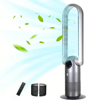 Ocean Loong Bladeless Tower Fan with Air Purifier Oscillation & Tilt Head 9Speeds 9Hours Timer and Remote Control - Quiet Cooling Fan for Bedroom Home Office (Black, 39) Fan with safety blade design
